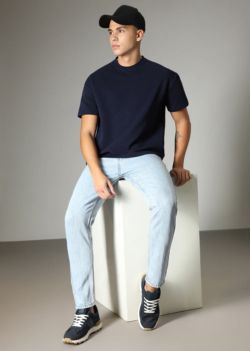 Oversized Navy Blue Plain Textured T-shirt - Image 5