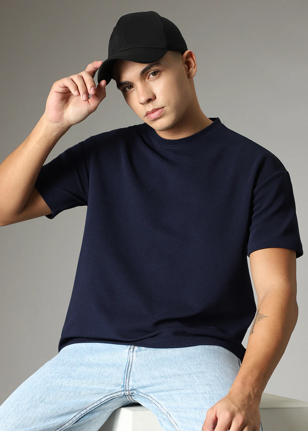 Oversized Navy Blue Plain Textured T-shirt - Image 6