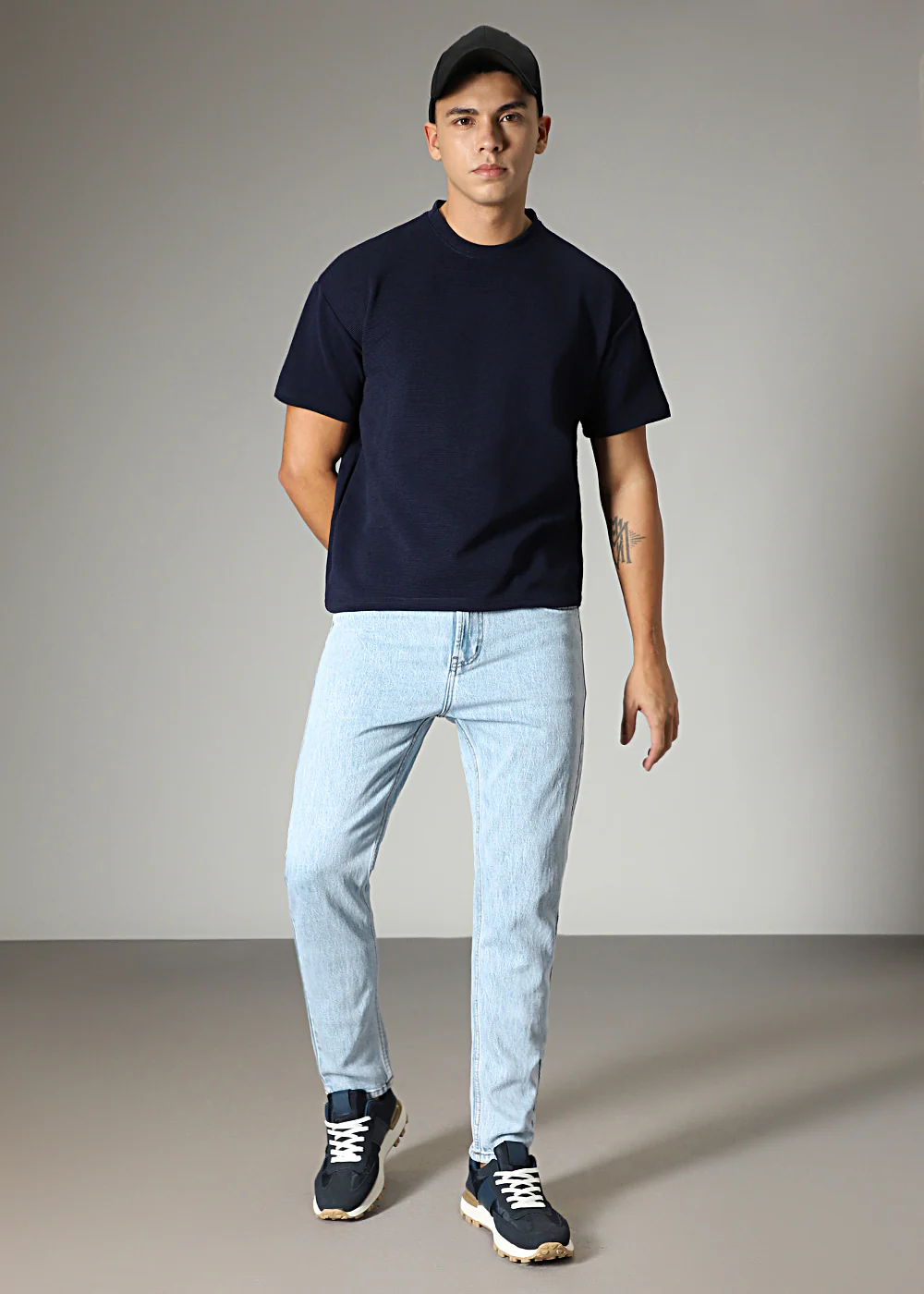 Oversized Navy Blue Plain Textured T-shirt - Image 7