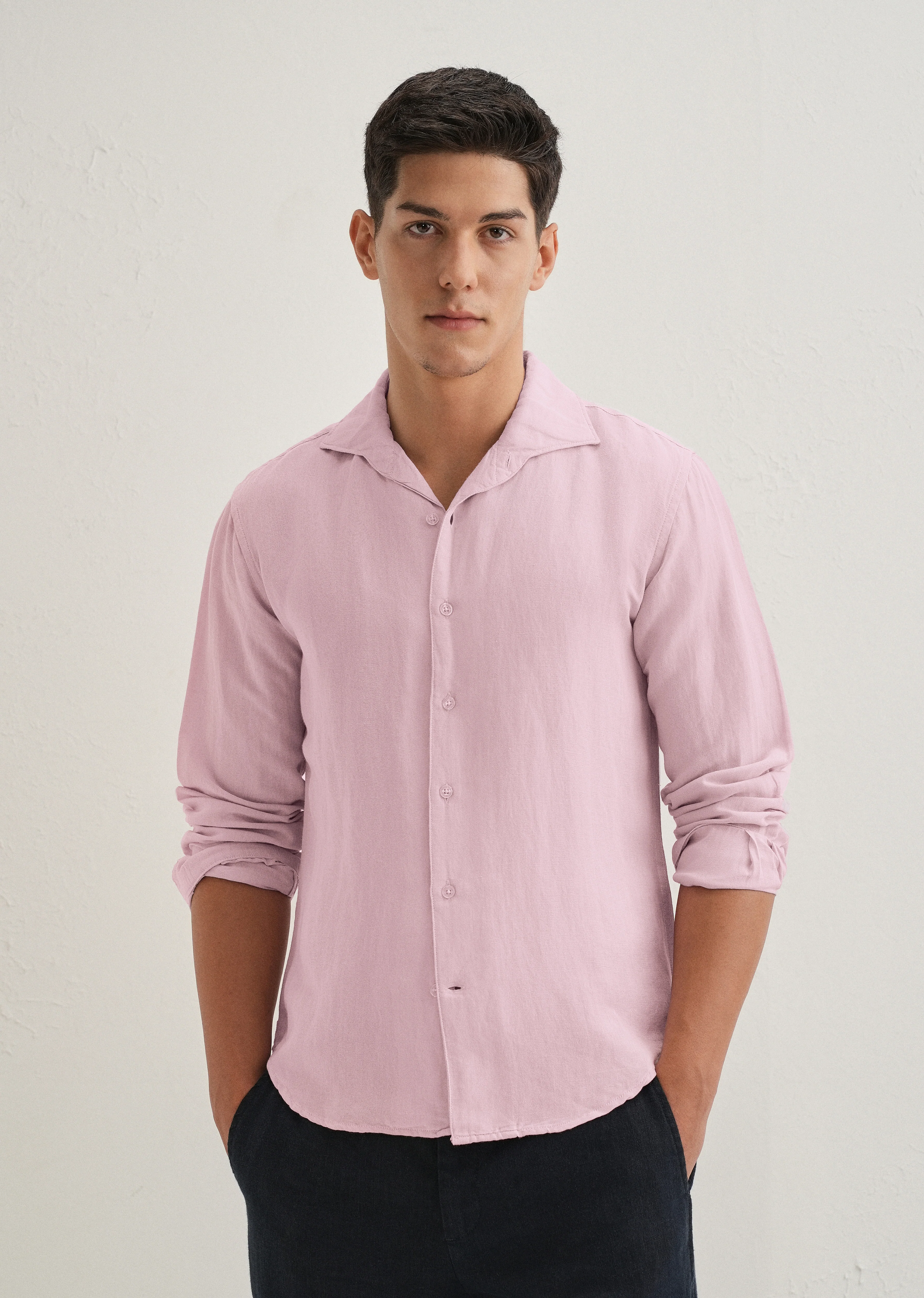 Pink Plain Linen Viscose Shirt