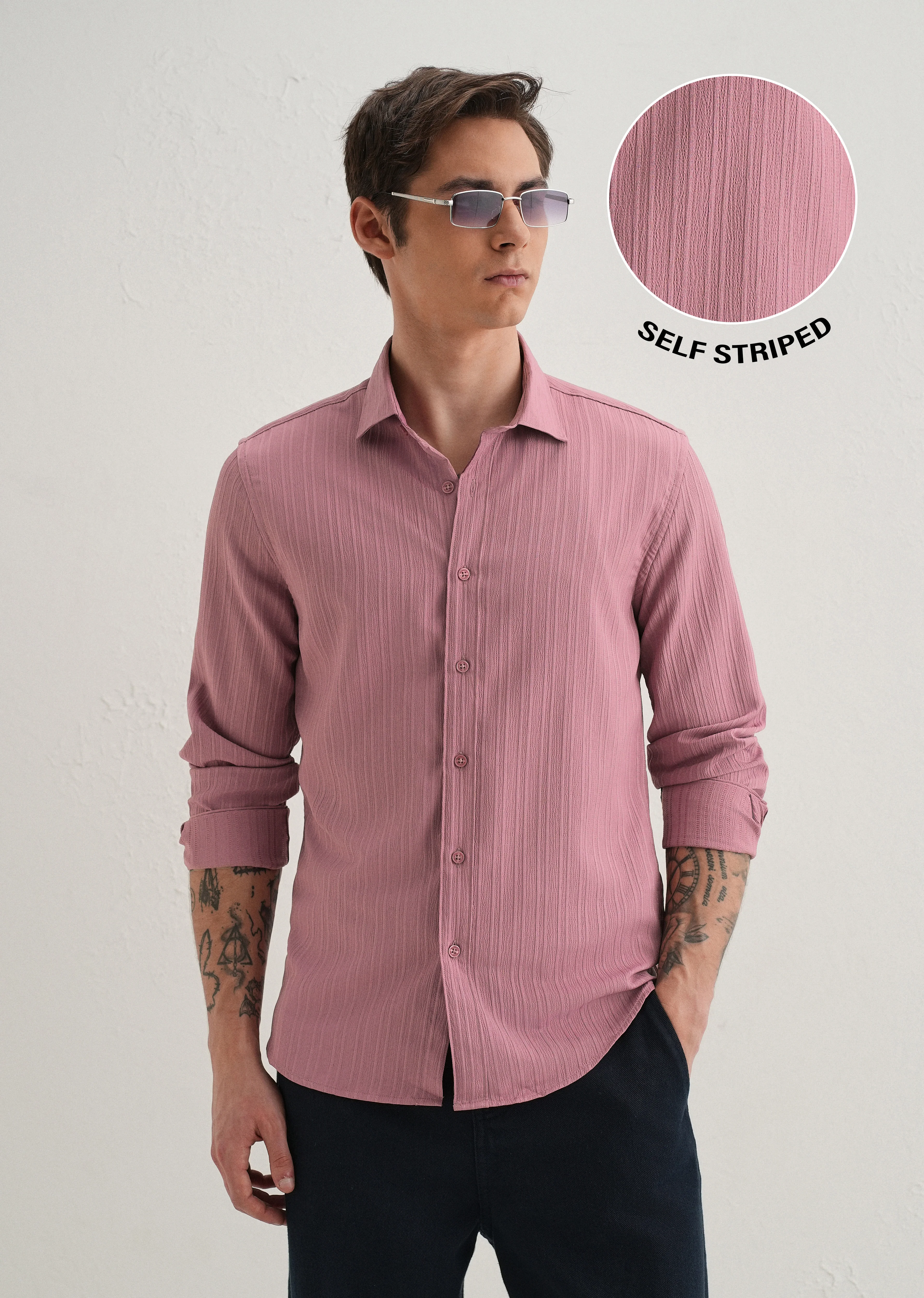 Pink Plain Self Striped Shirt