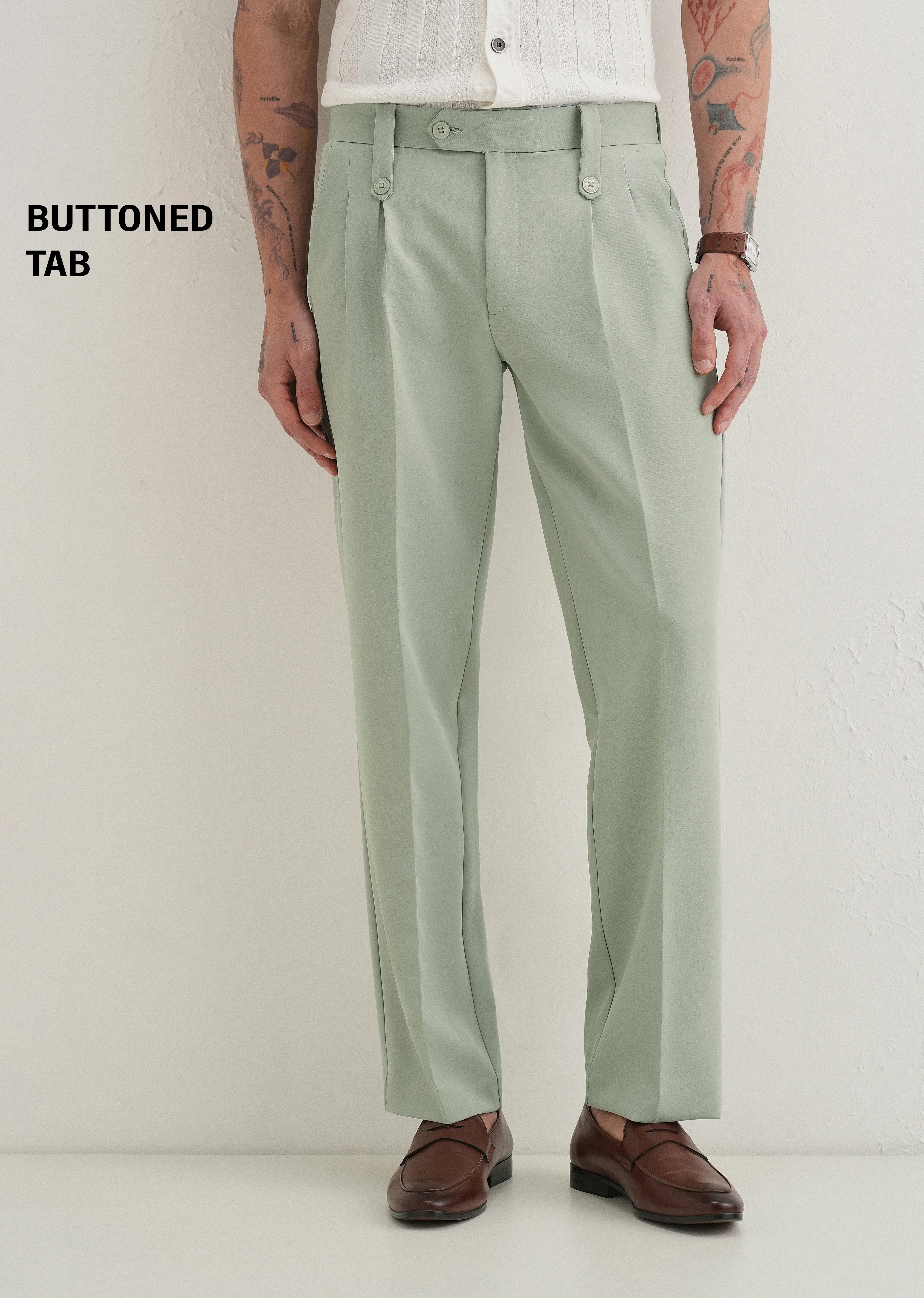 Pistachio Green Button-Tab Pleat Trouser