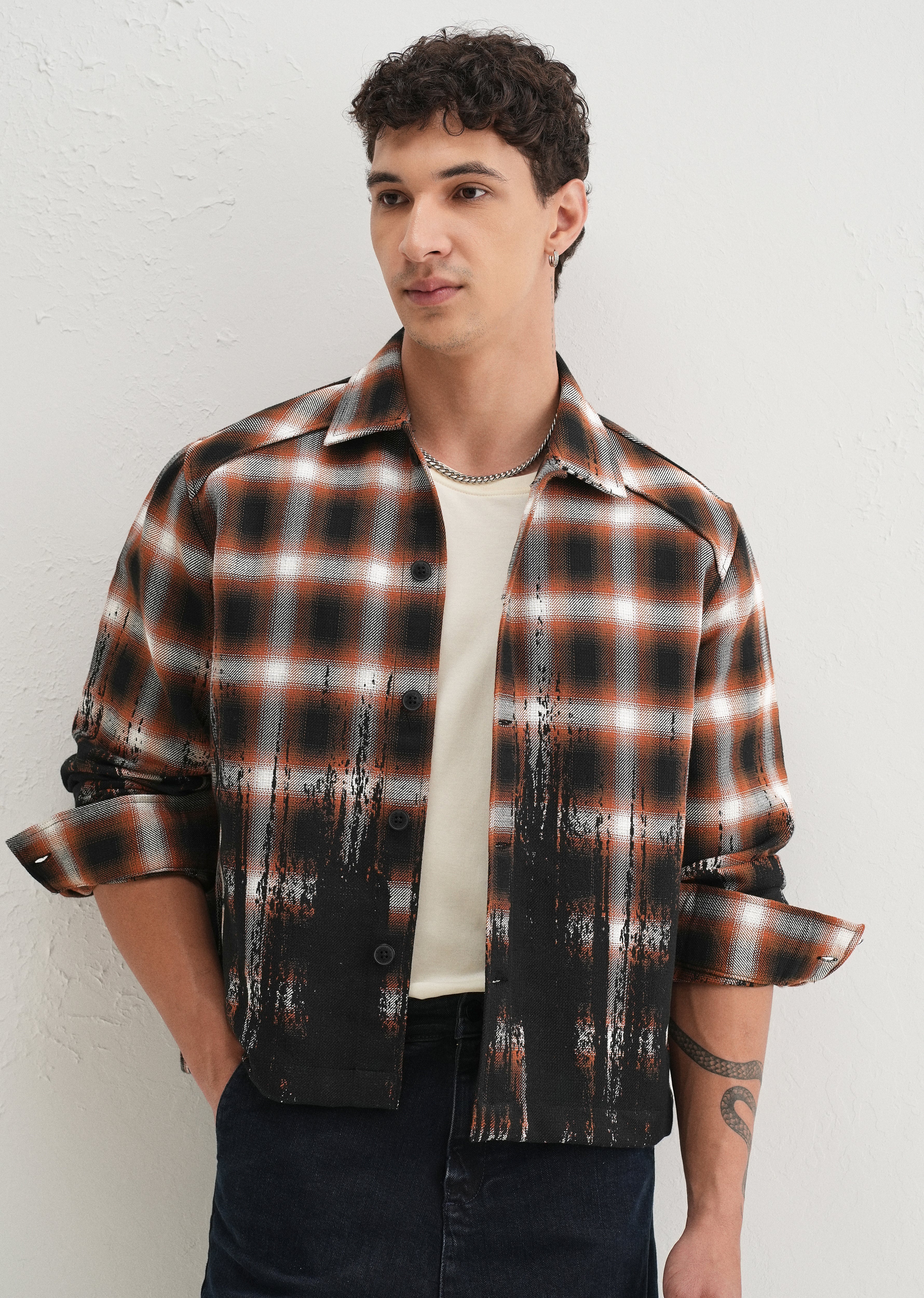 Red Gradient Grunge Check Shacket