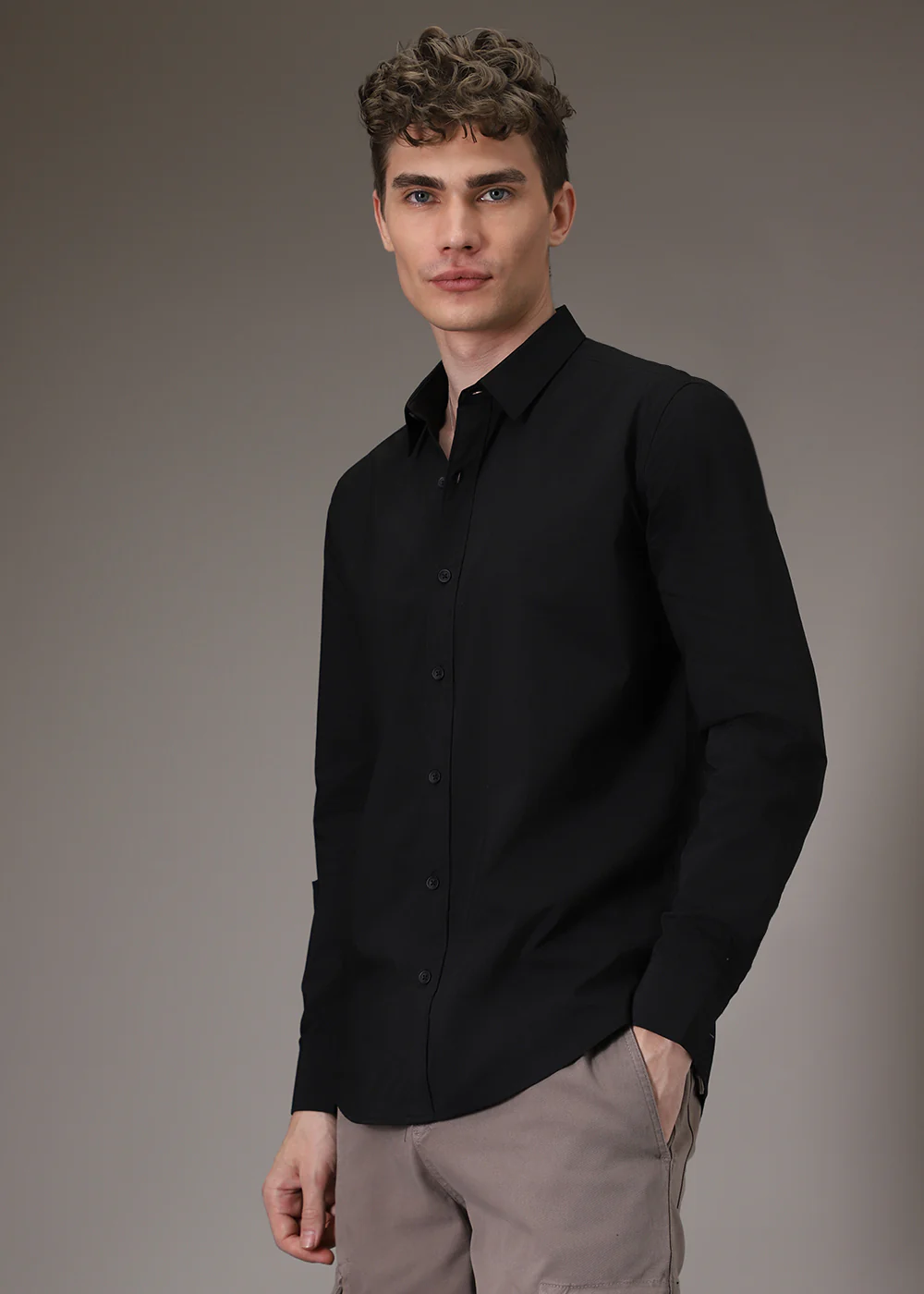 Sable Black Plain Blended Cotton Shirt