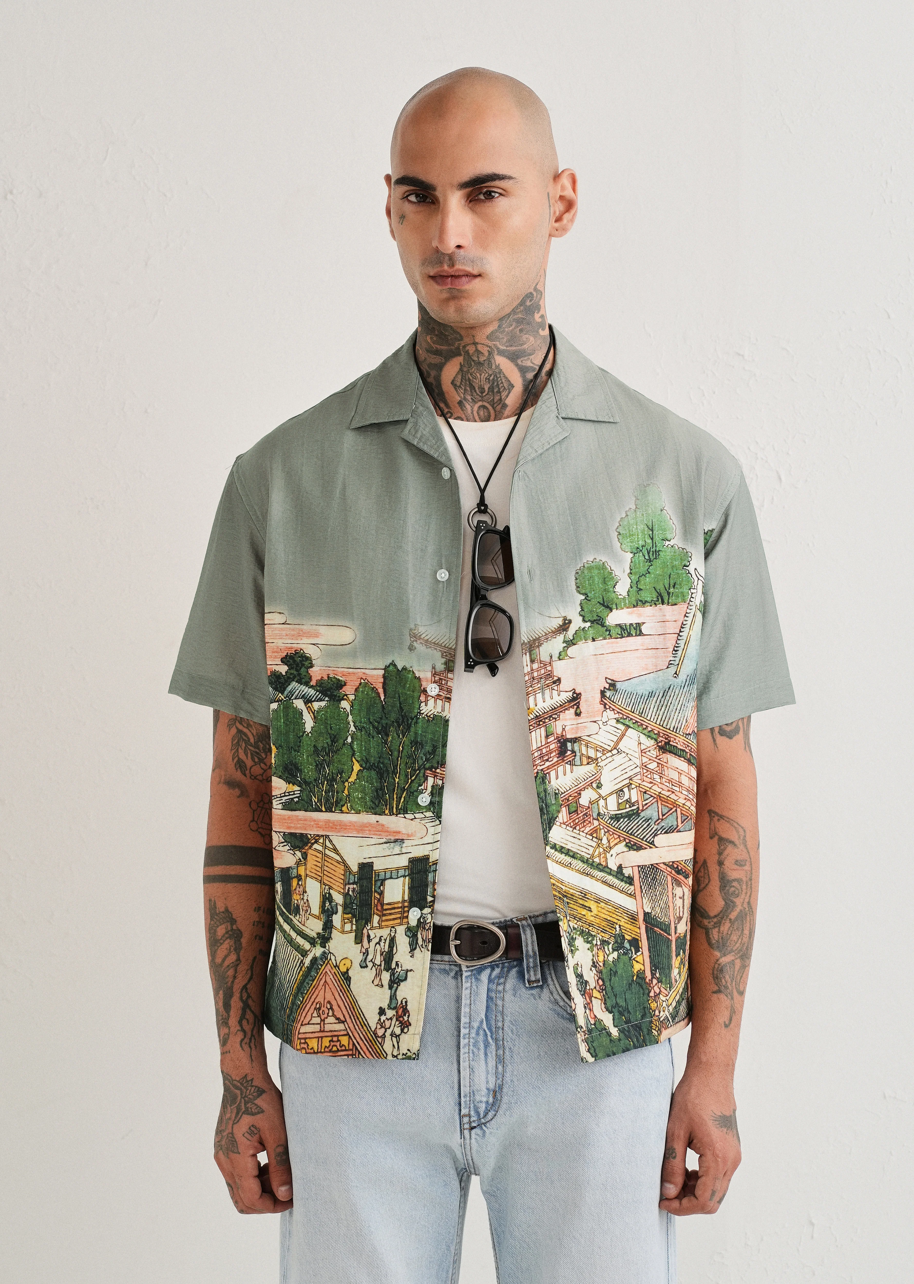 Sage Grey Scenic Placement Print Shirt - Image 2