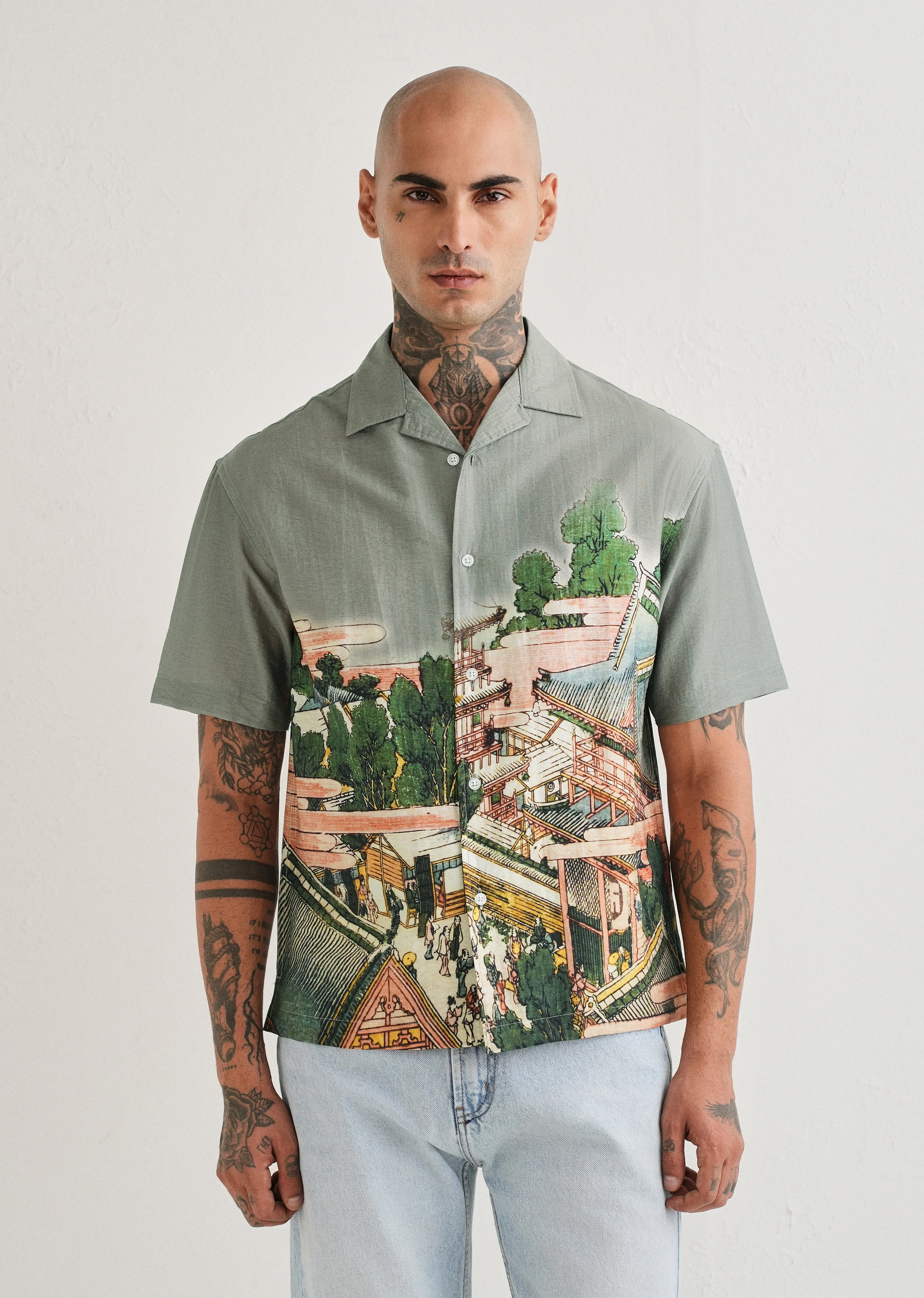 Sage Grey Scenic Placement Print Shirt - Image 5