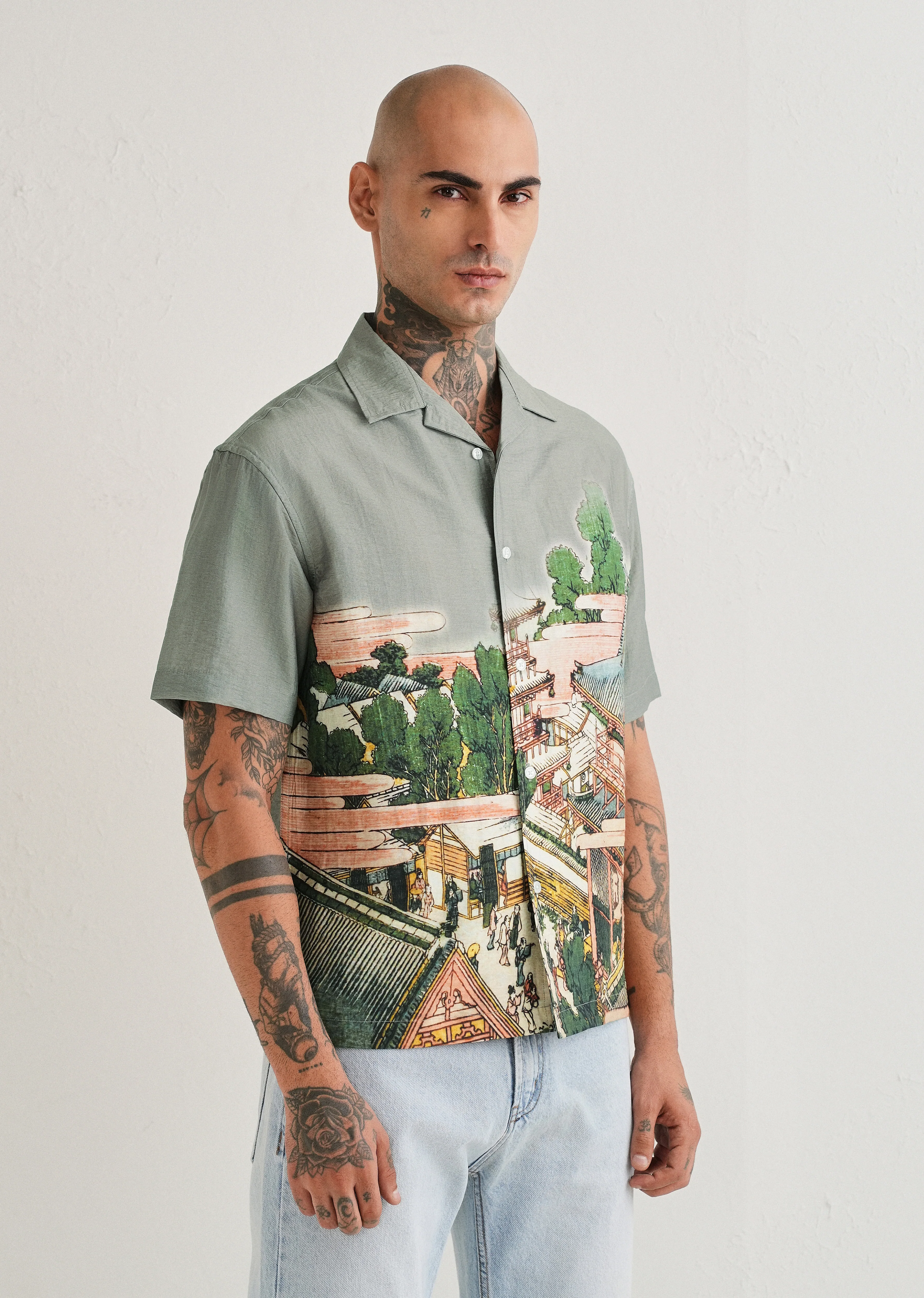 Sage Grey Scenic Placement Print Shirt - Image 6