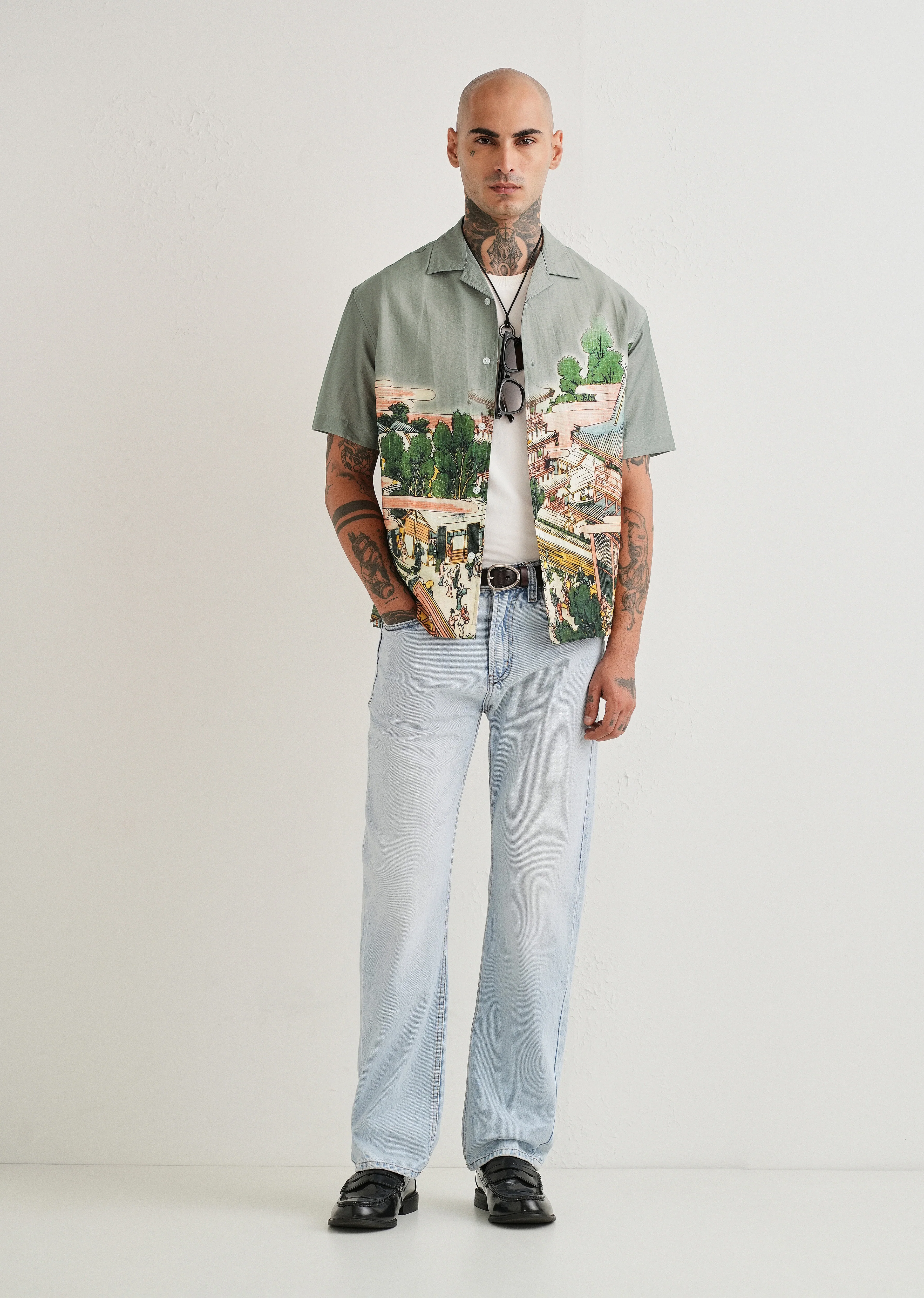 Sage Grey Scenic Placement Print Shirt - Image 7