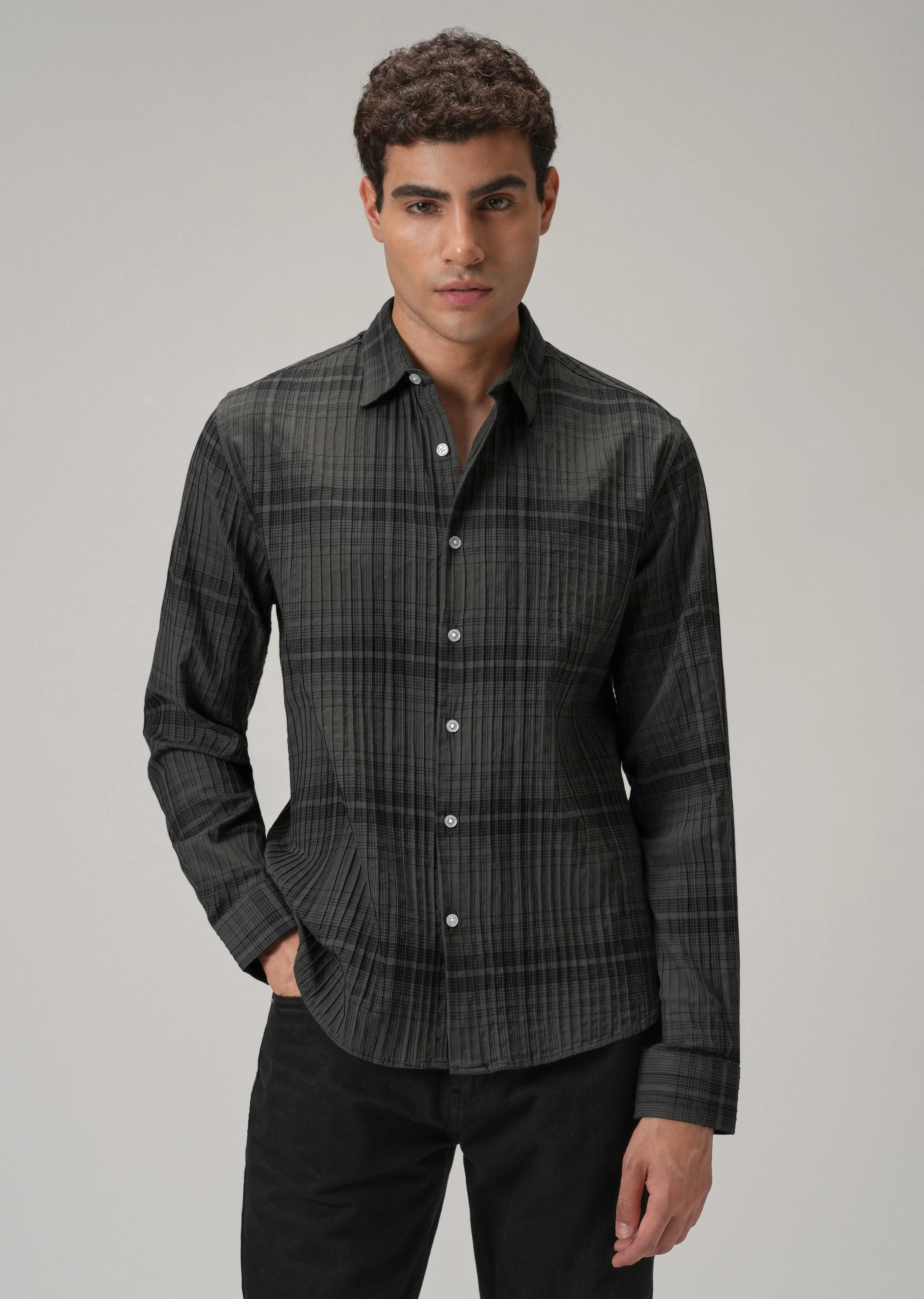 Self Pleat Grey Check Shirt - Image 3