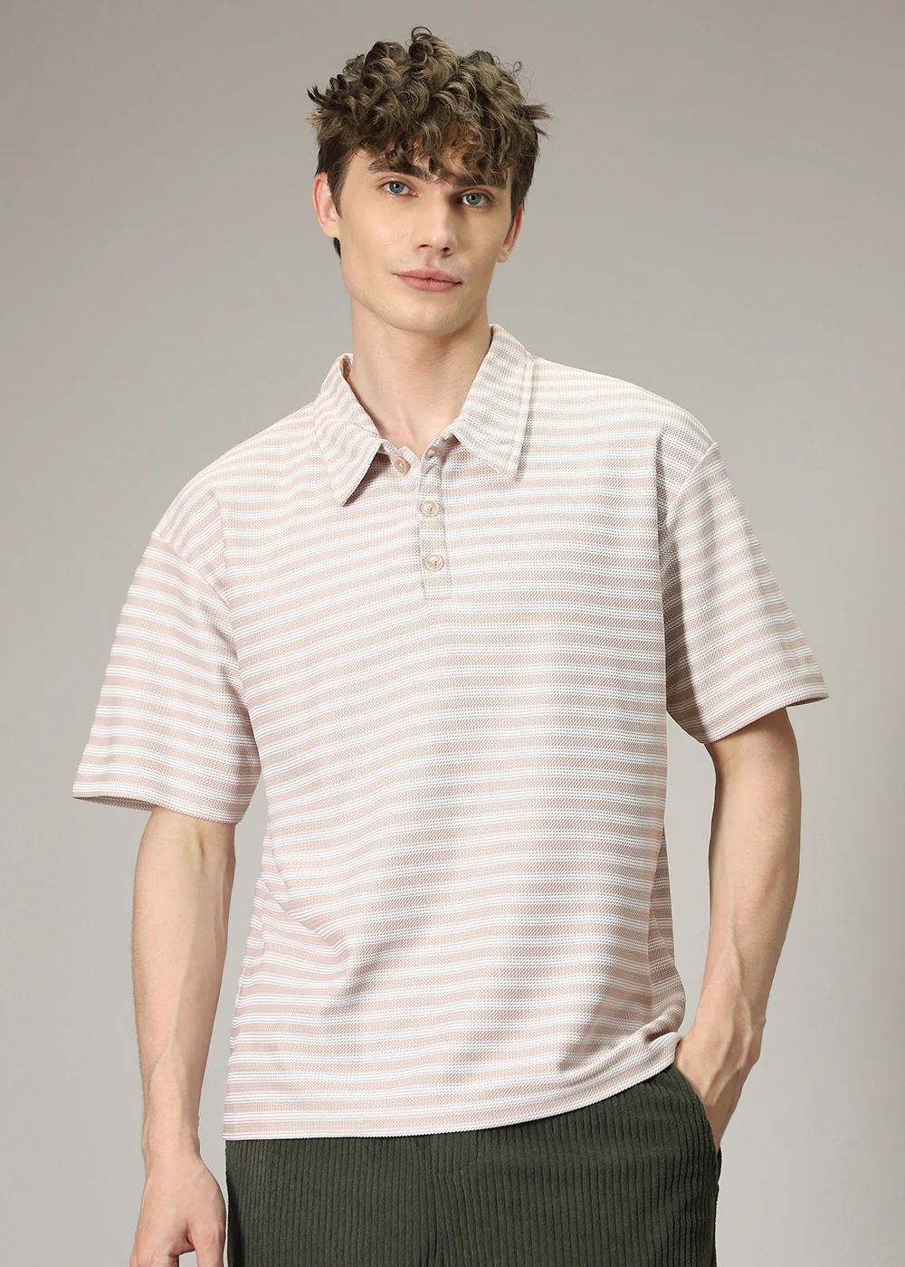 Striped Cream Oversized Polo  T-shirt - Image 3
