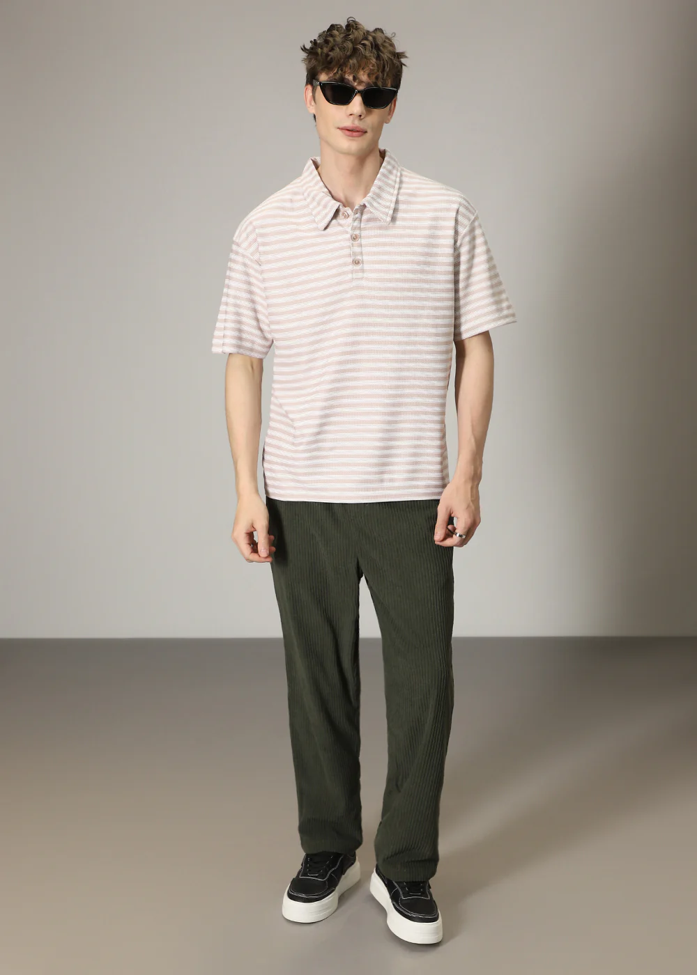 Striped Cream Oversized Polo  T-shirt - Image 8