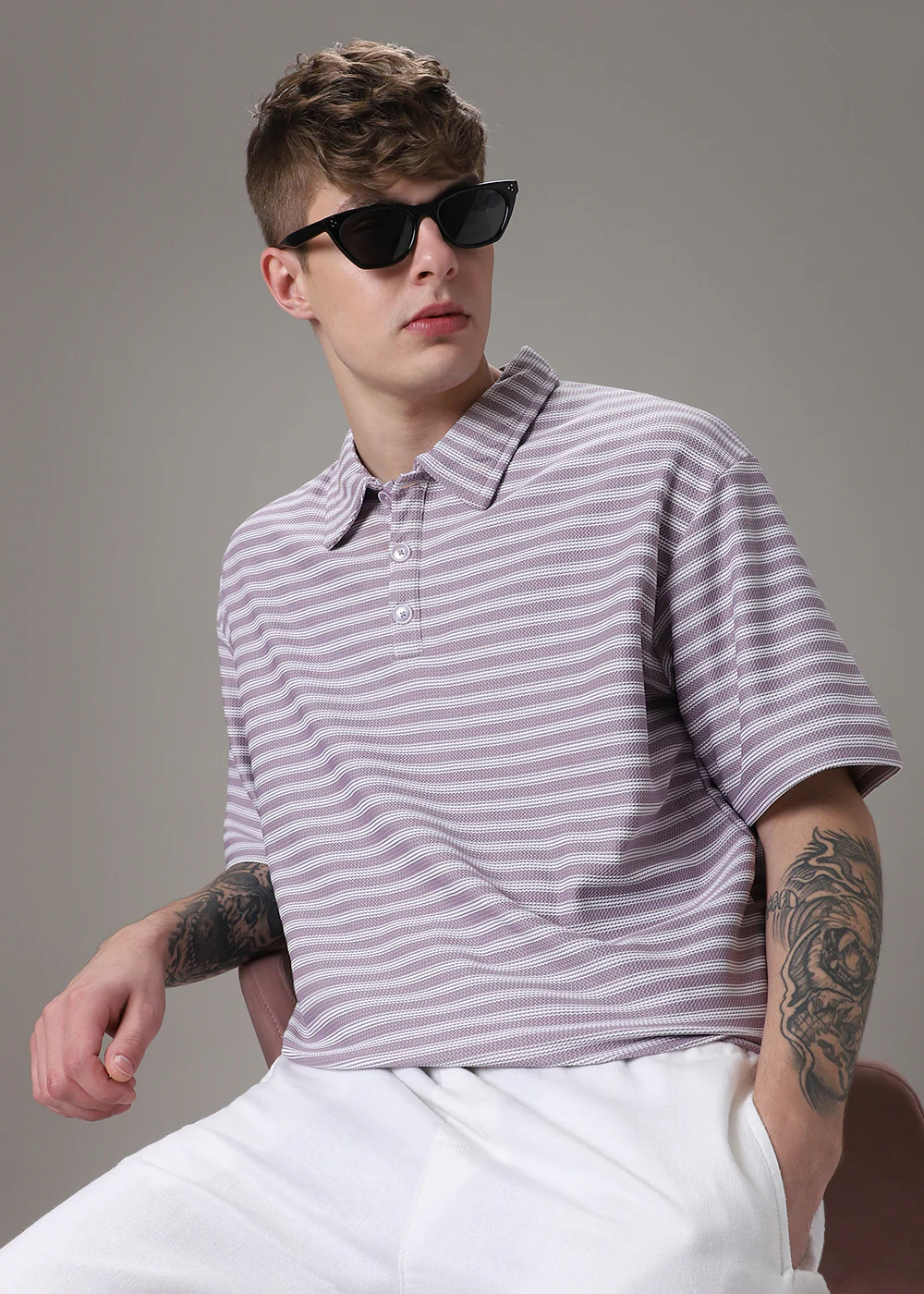 Striped Lavender Oversized Polo T-shirt