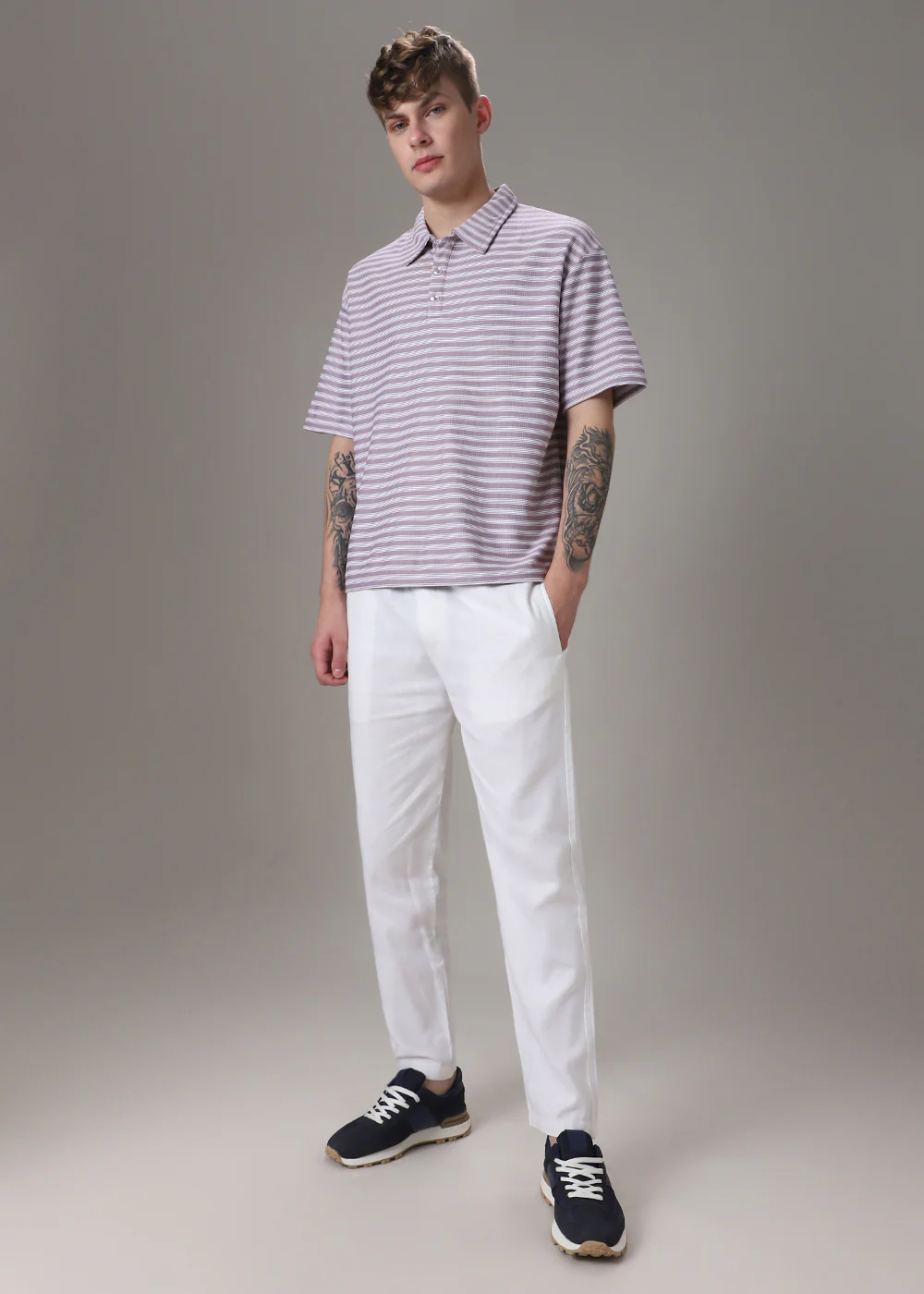 Striped Lavender Oversized Polo T-shirt - Image 6