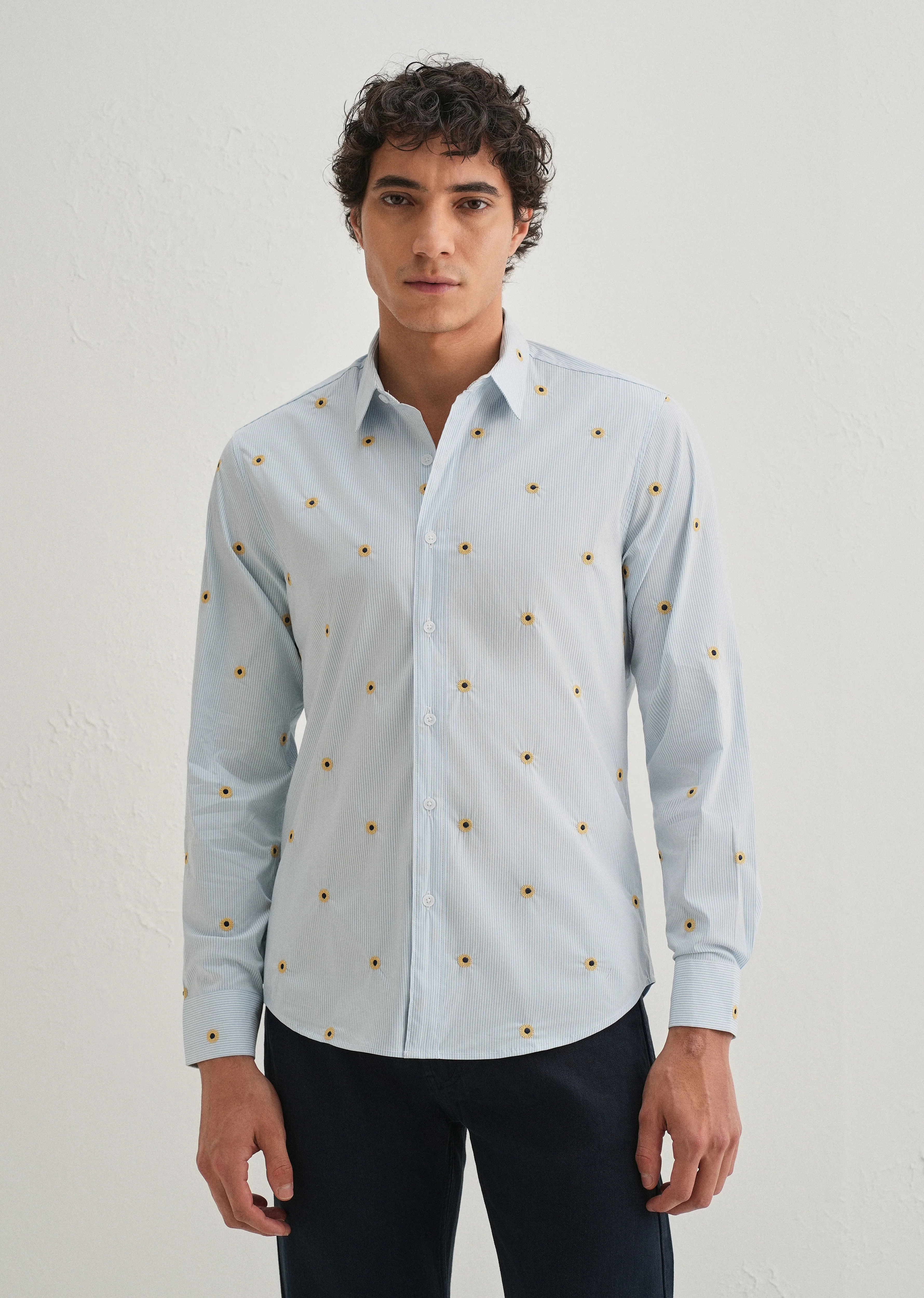 Sunflower Embroidery Light Blue Stripe Shirt - Image 4