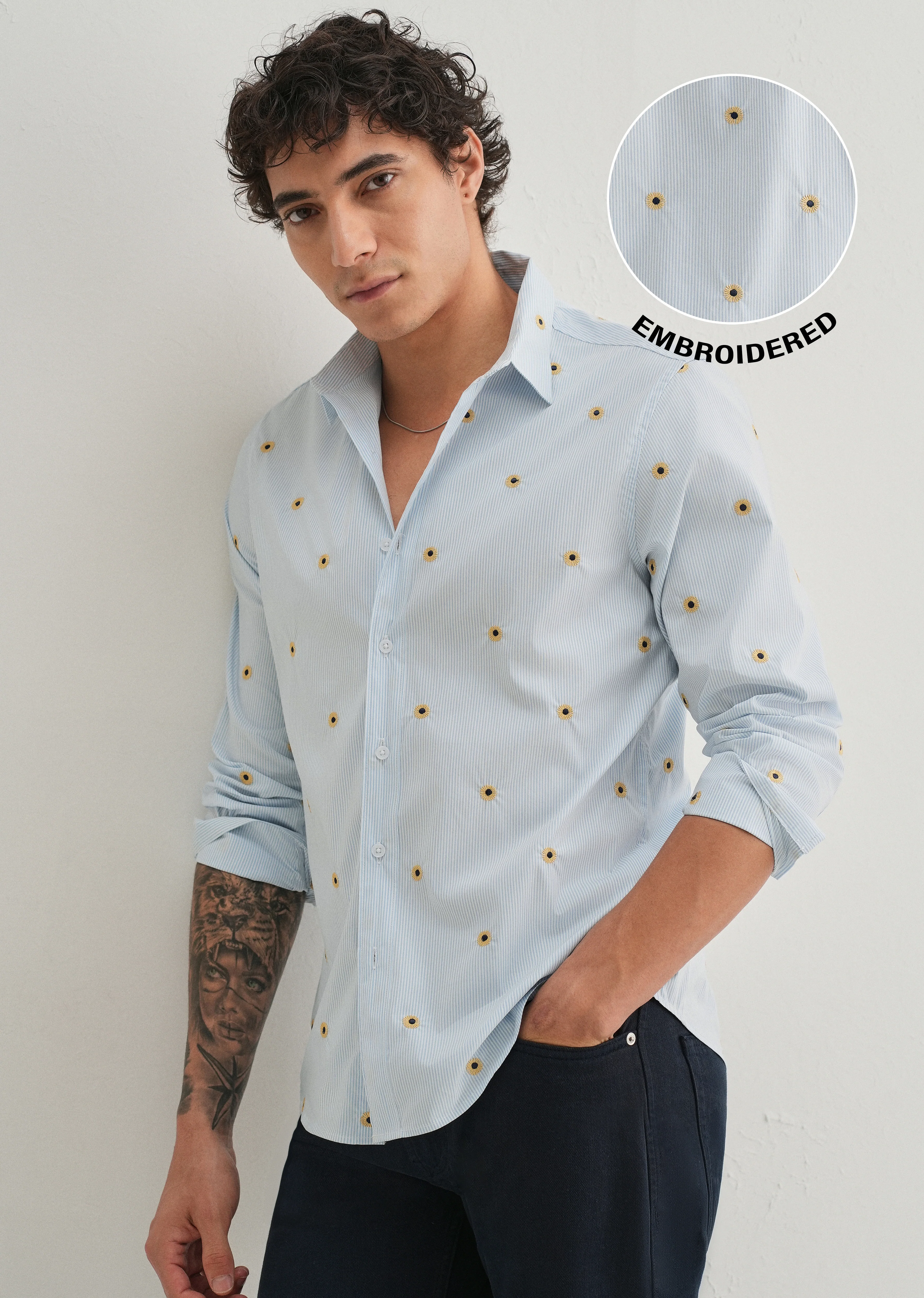 Sunflower Embroidery Light Blue Stripe Shirt - Image 7
