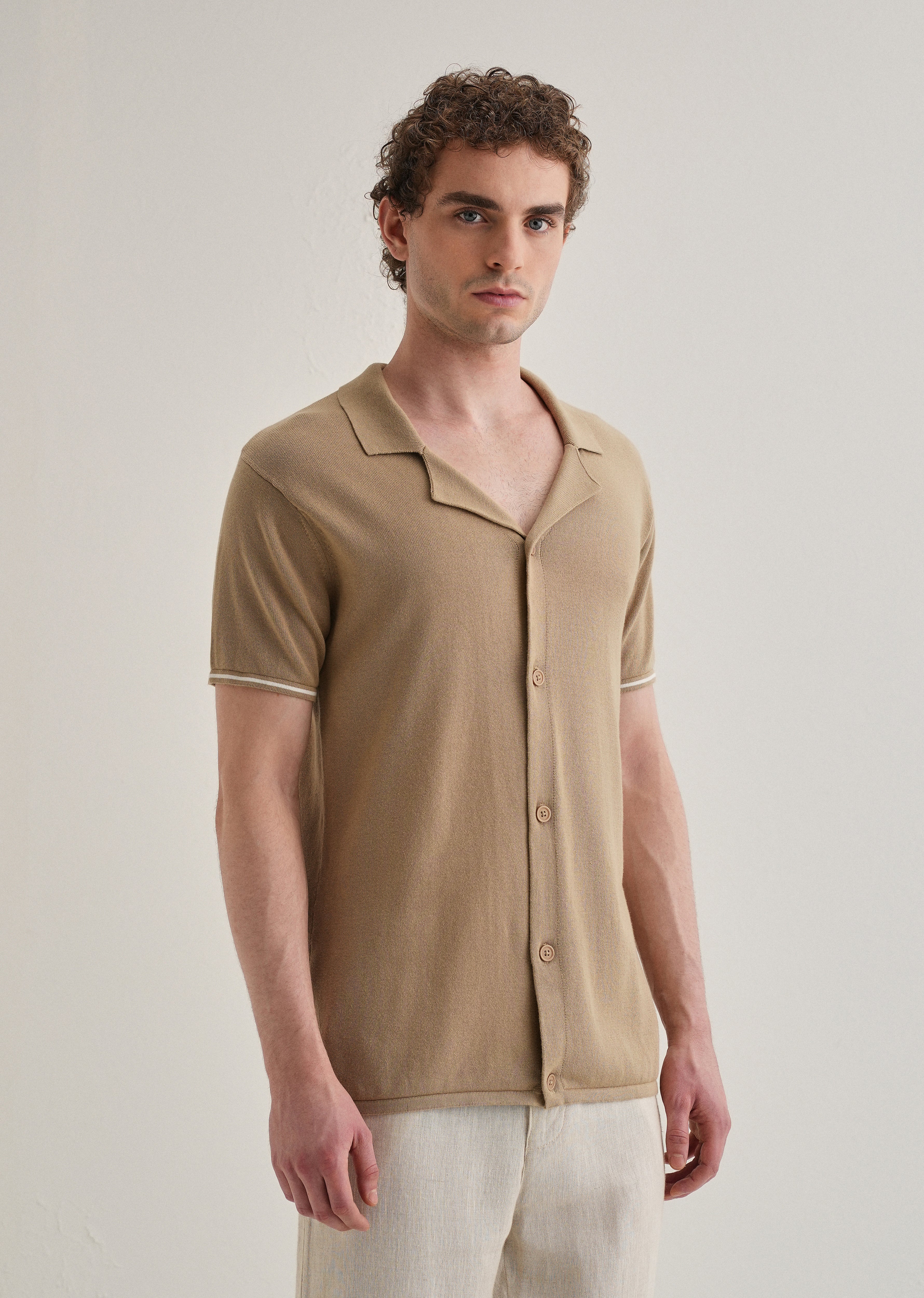 Tan Plain Knit Cuban Collar Shirt - Image 4