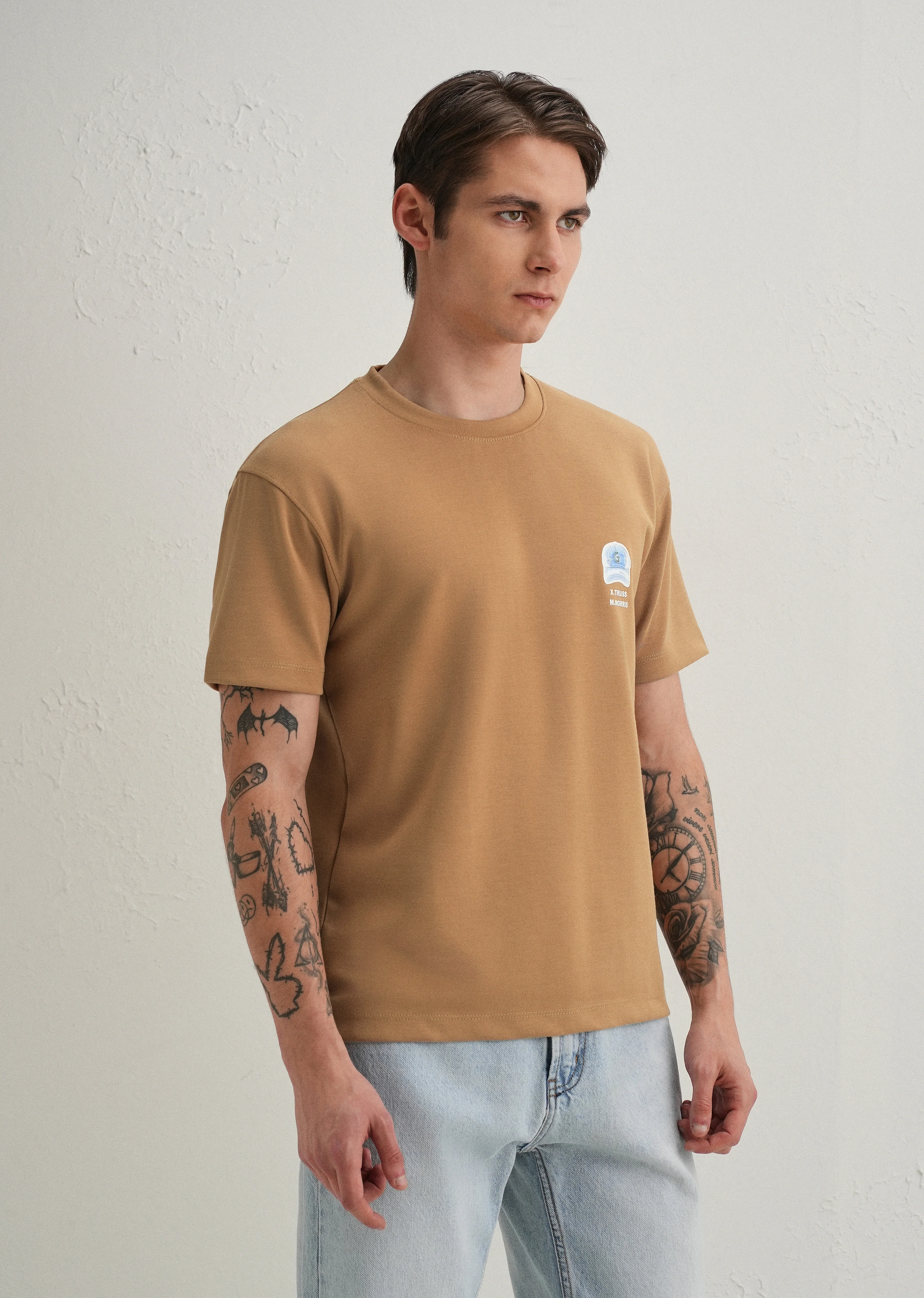 Tan Textured Back Print T-Shirt - Image 5