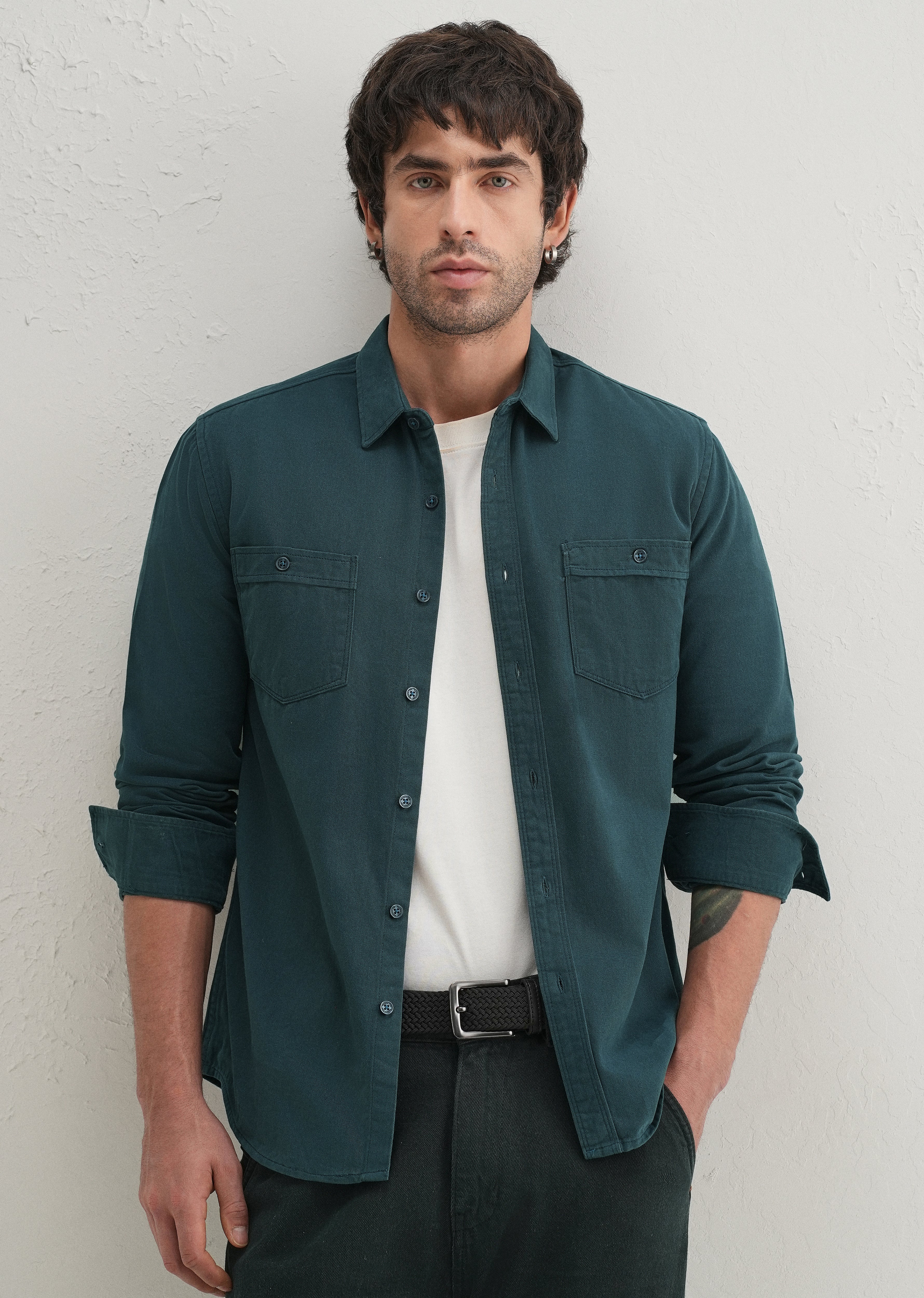 Teal Plain Double Pocket Shirt - Image 7