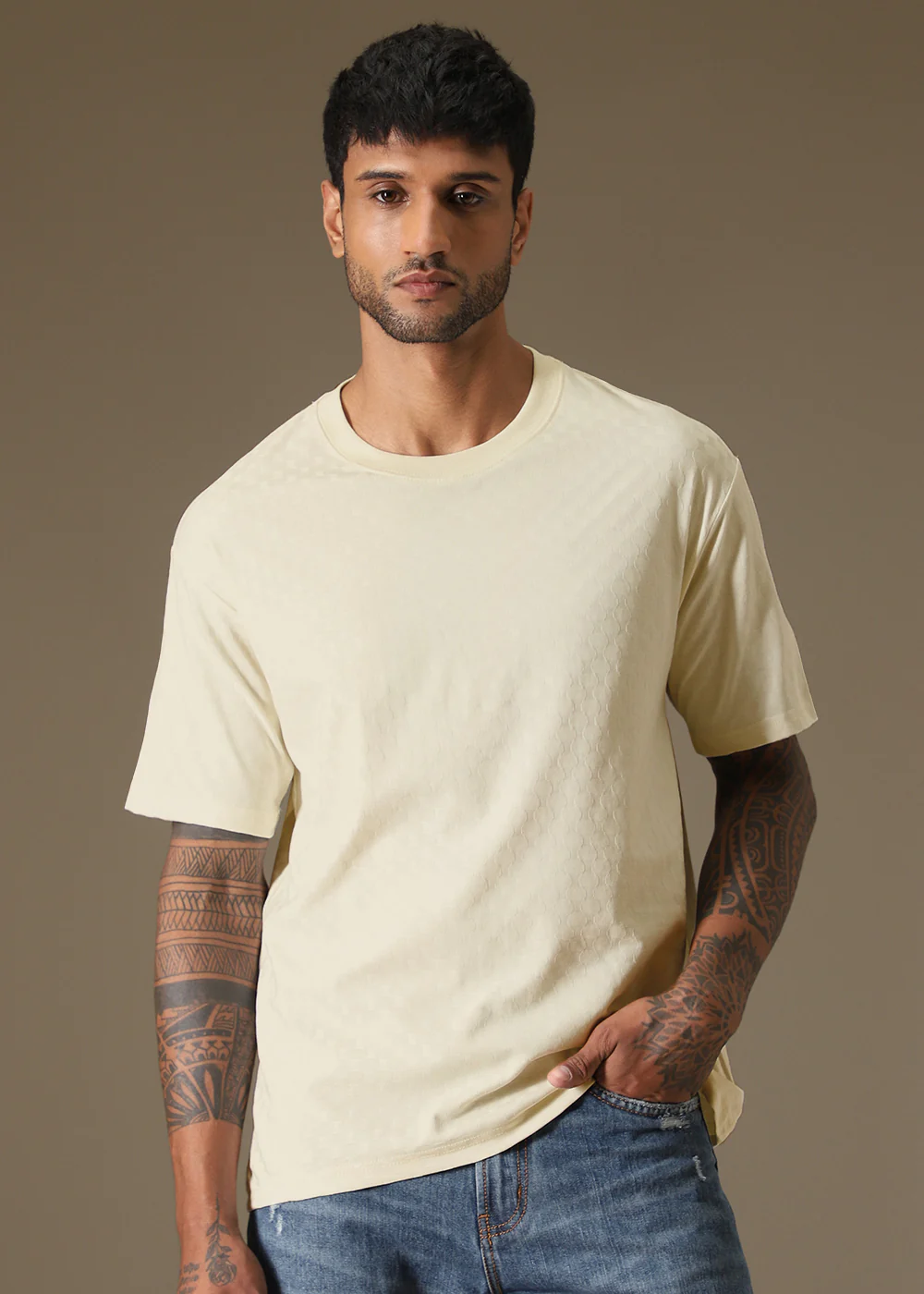 Textured Cream Plain Oversized T-shirt