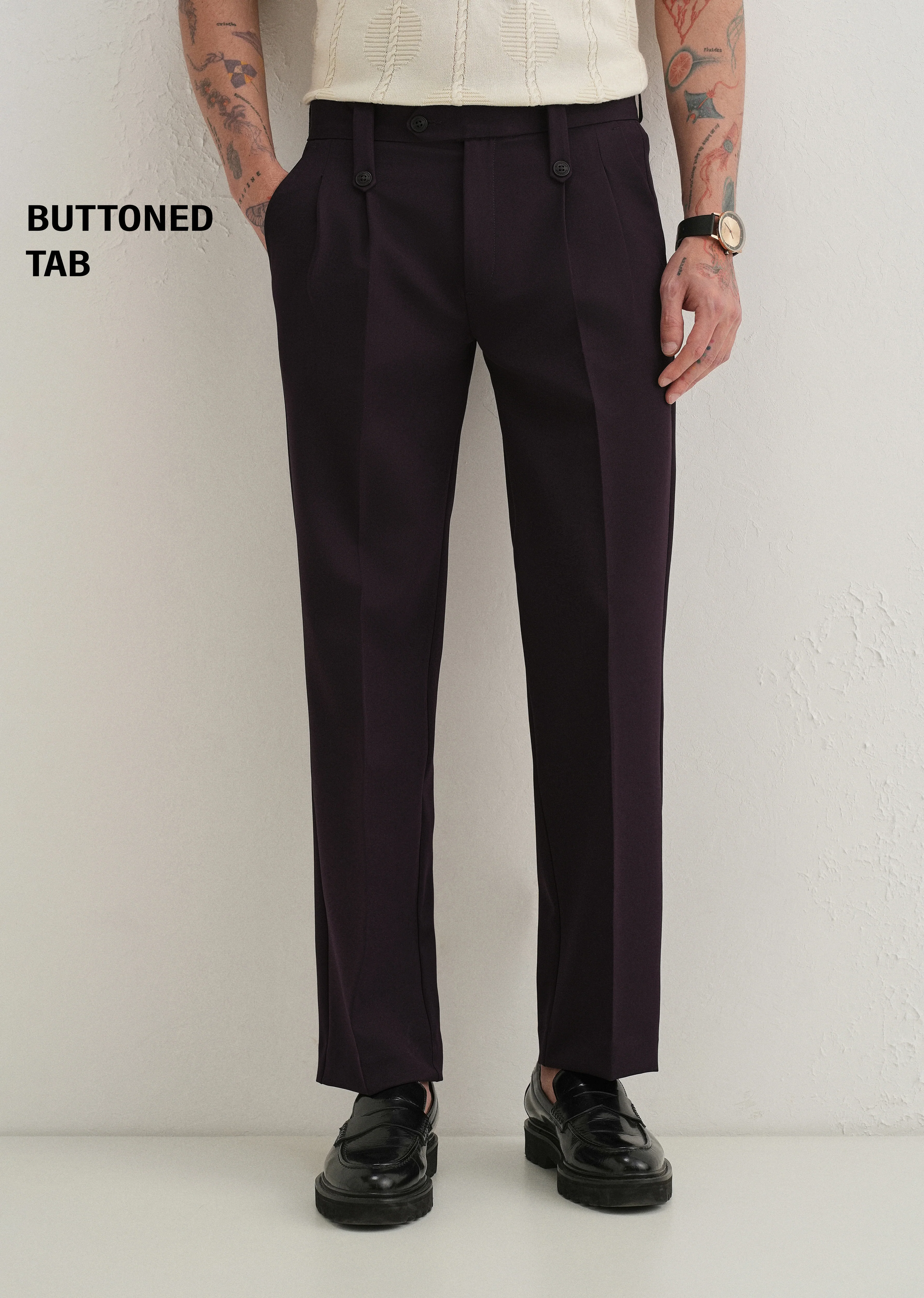 Violet Button-Tab Pleat Trouser