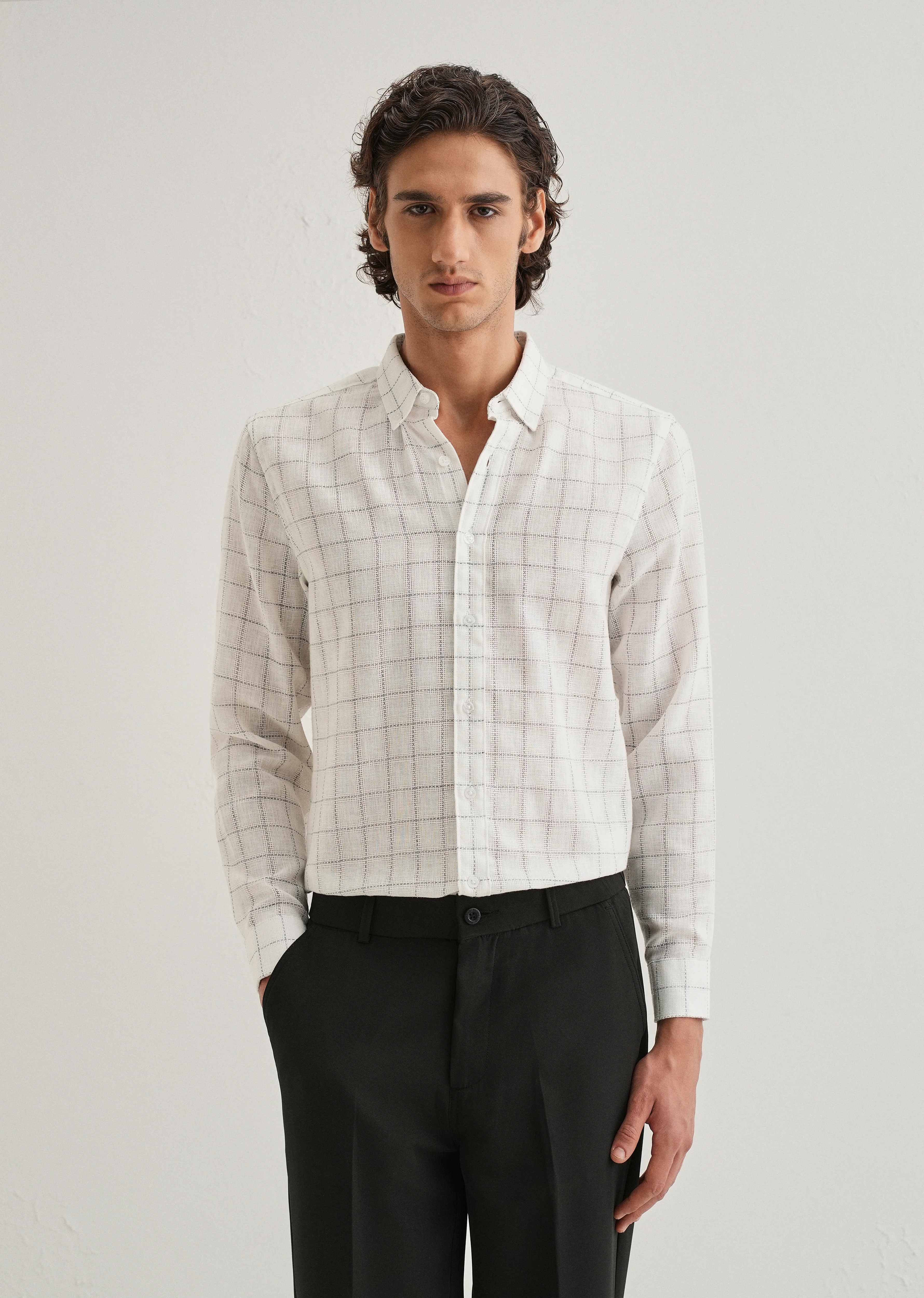White Check Blended Linen Shirt