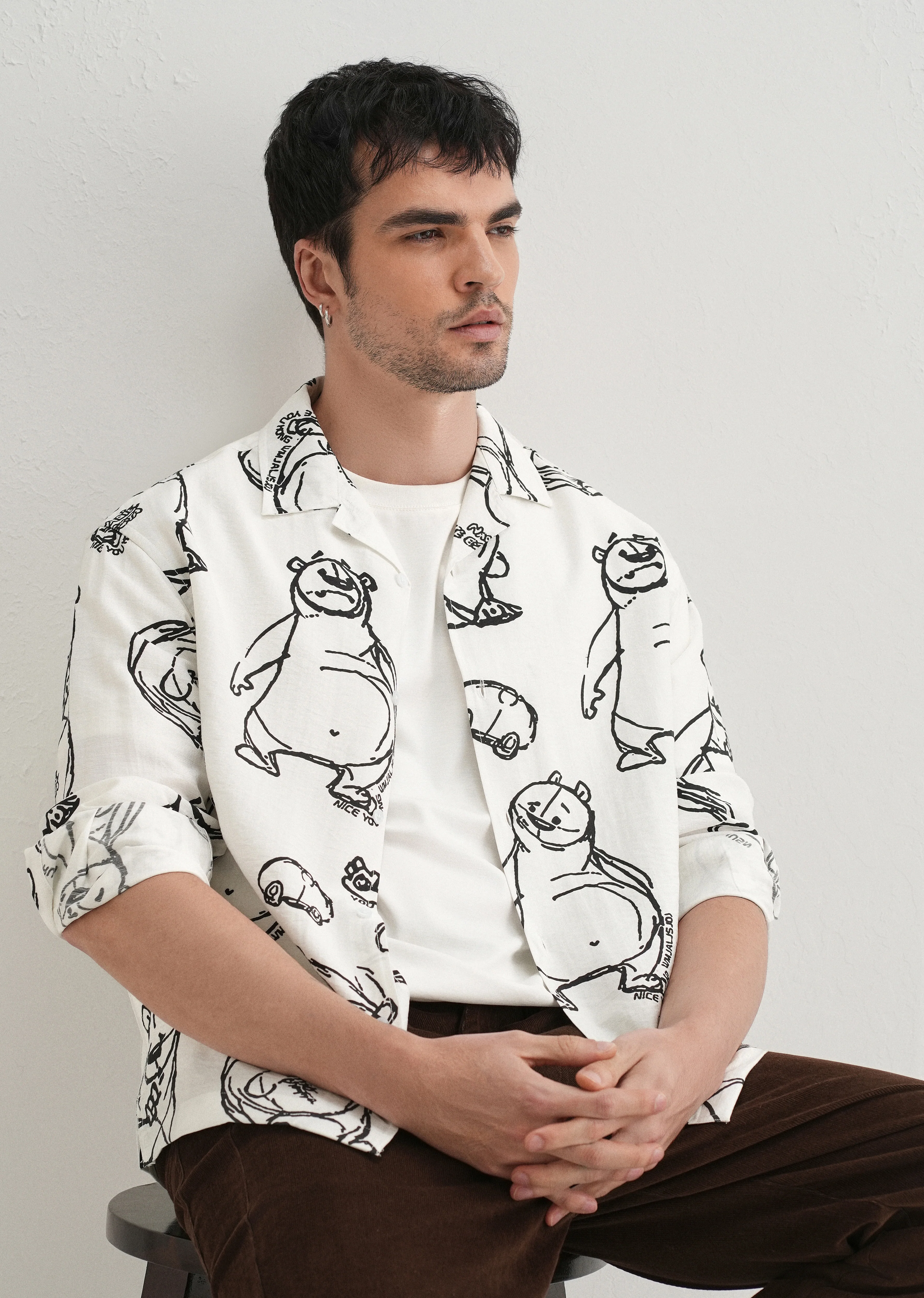 White Doodle Bear Printed Shirt