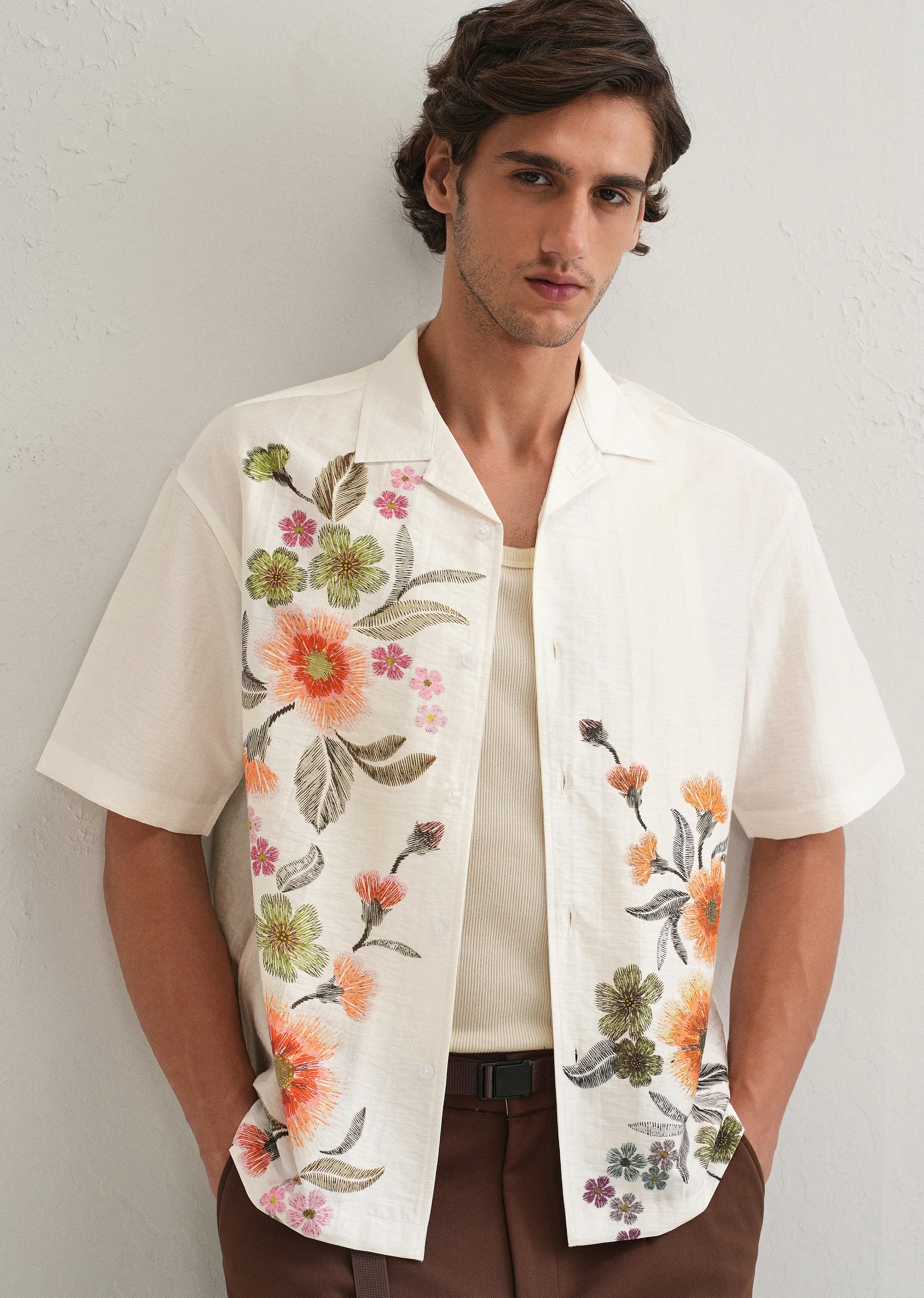 White Floral Placement Print Shirt