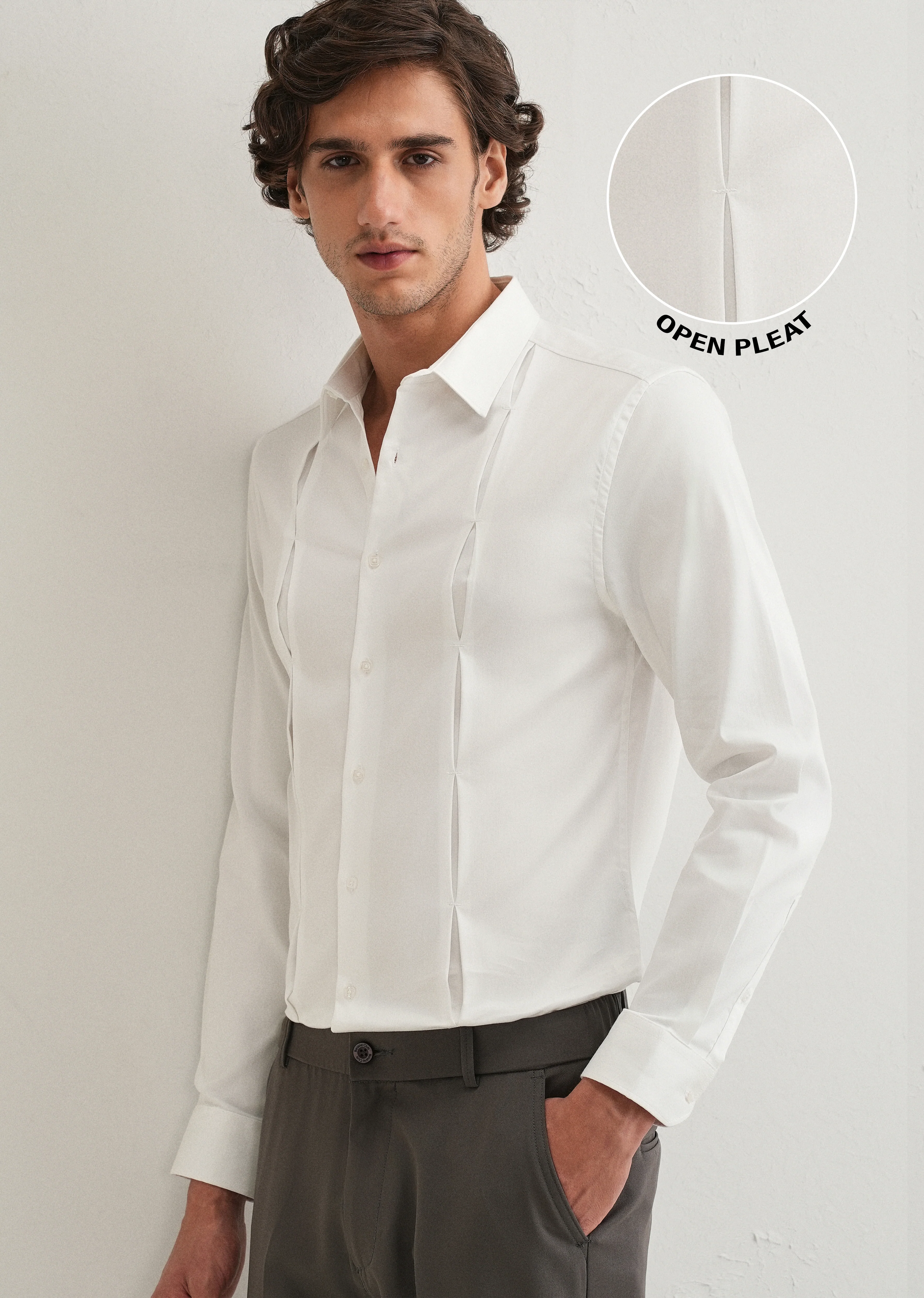 White Front Panel Open Pleat Shirt