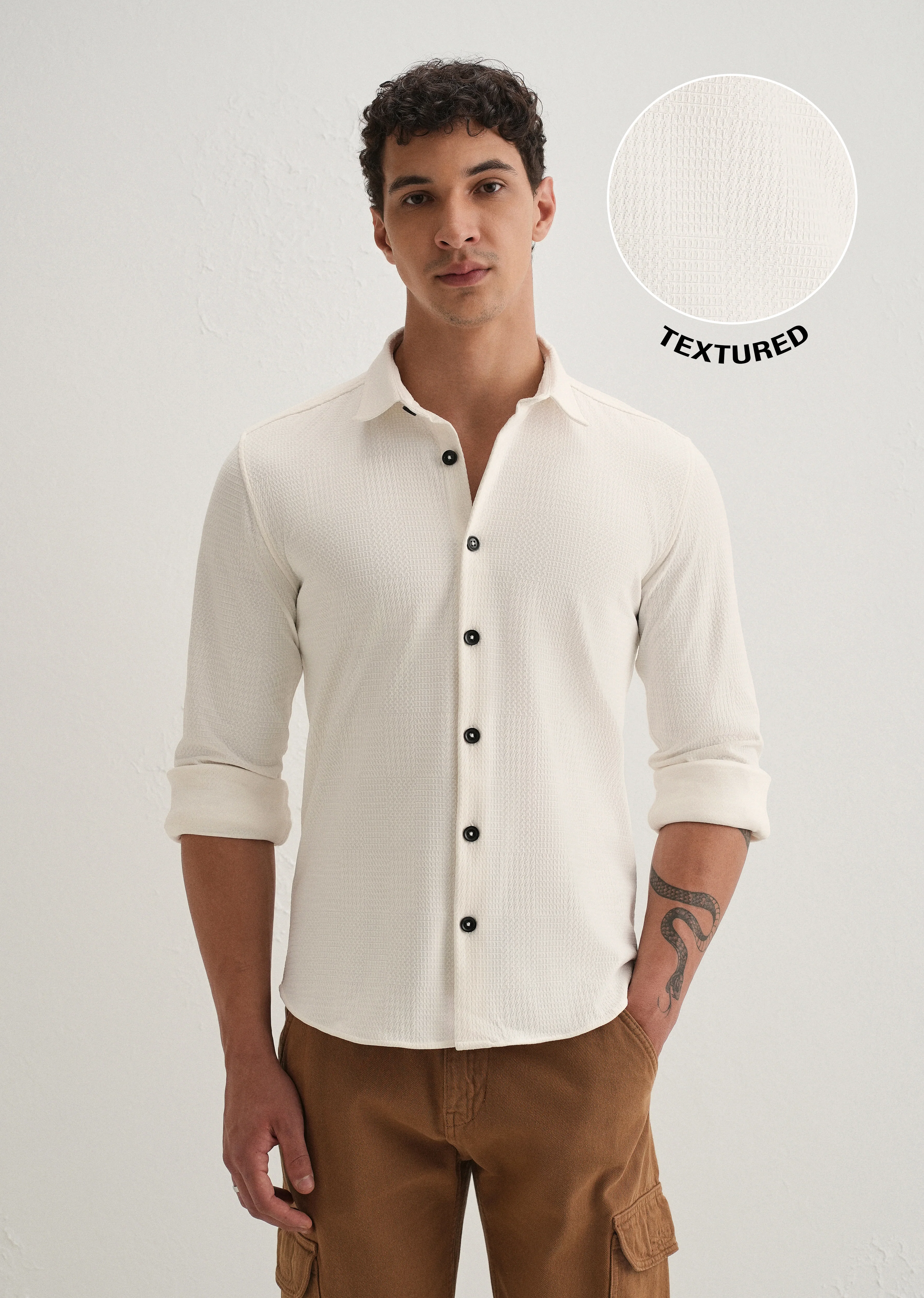 White Grid Textured Knit Shirt