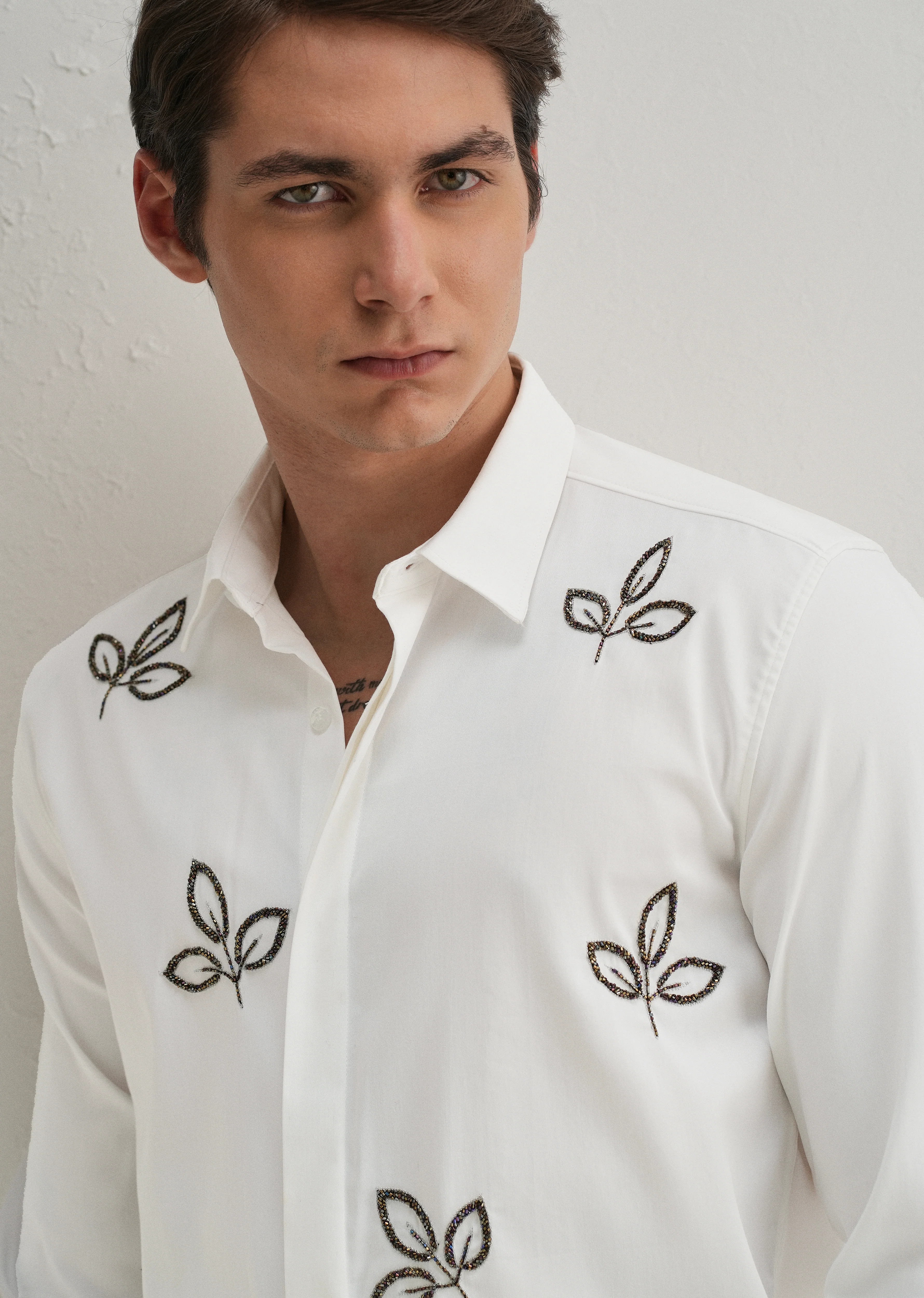 White Handcrafted Leaf Designer Shirt