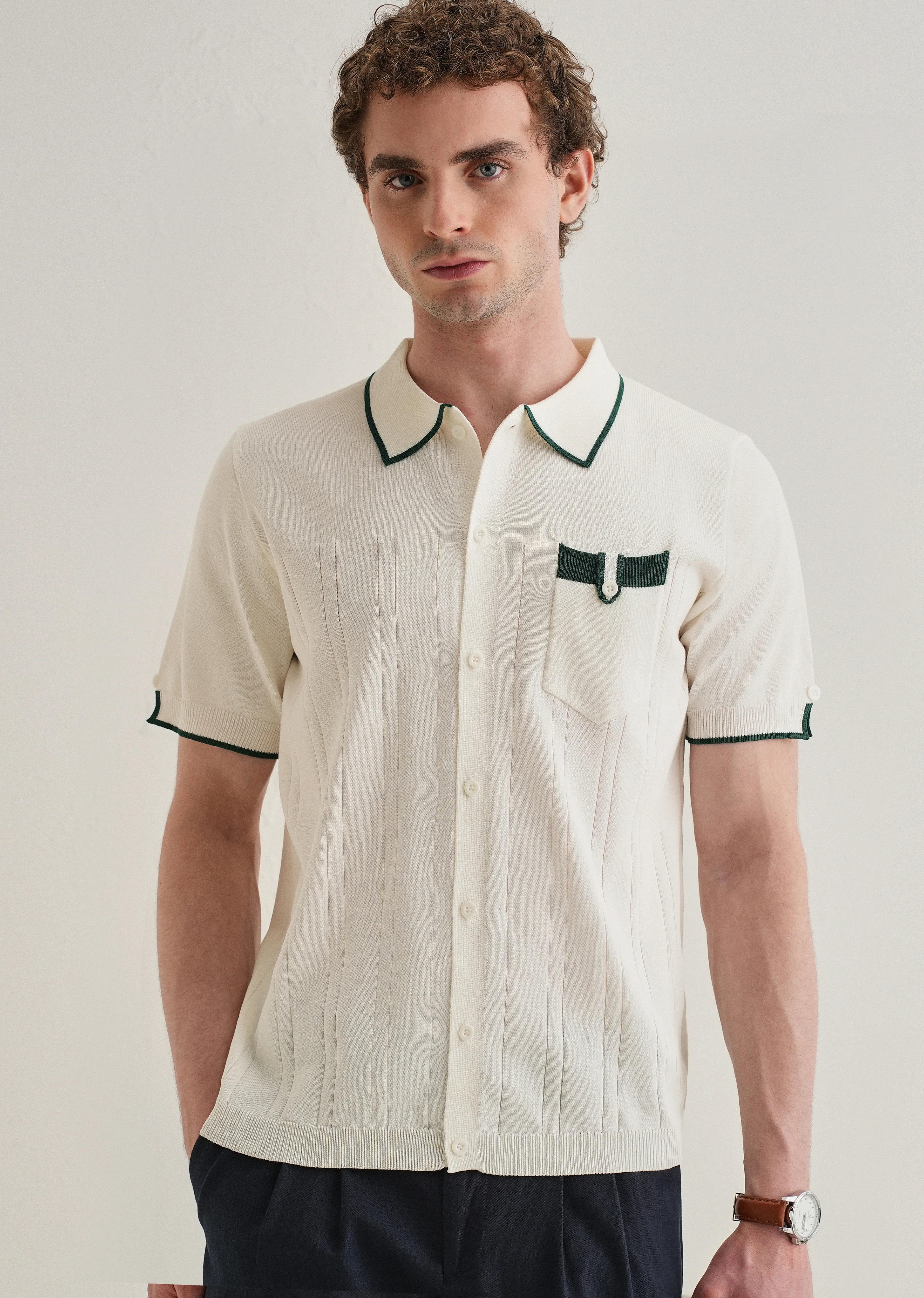 White Knitted Notch Sleeve Shirt