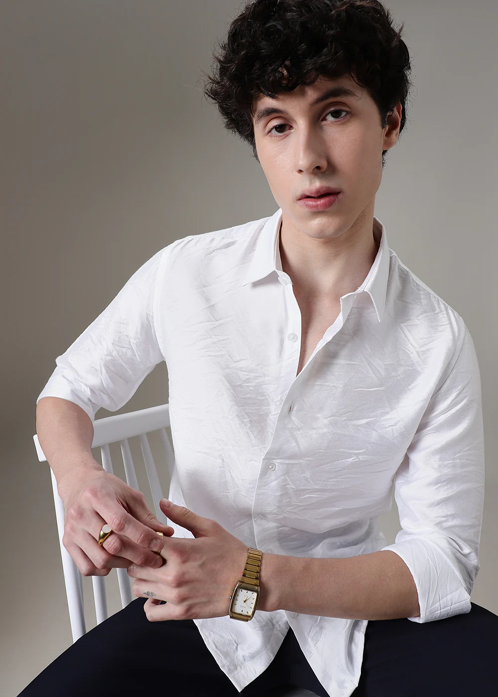 White Plain Crushed Satin Shirt