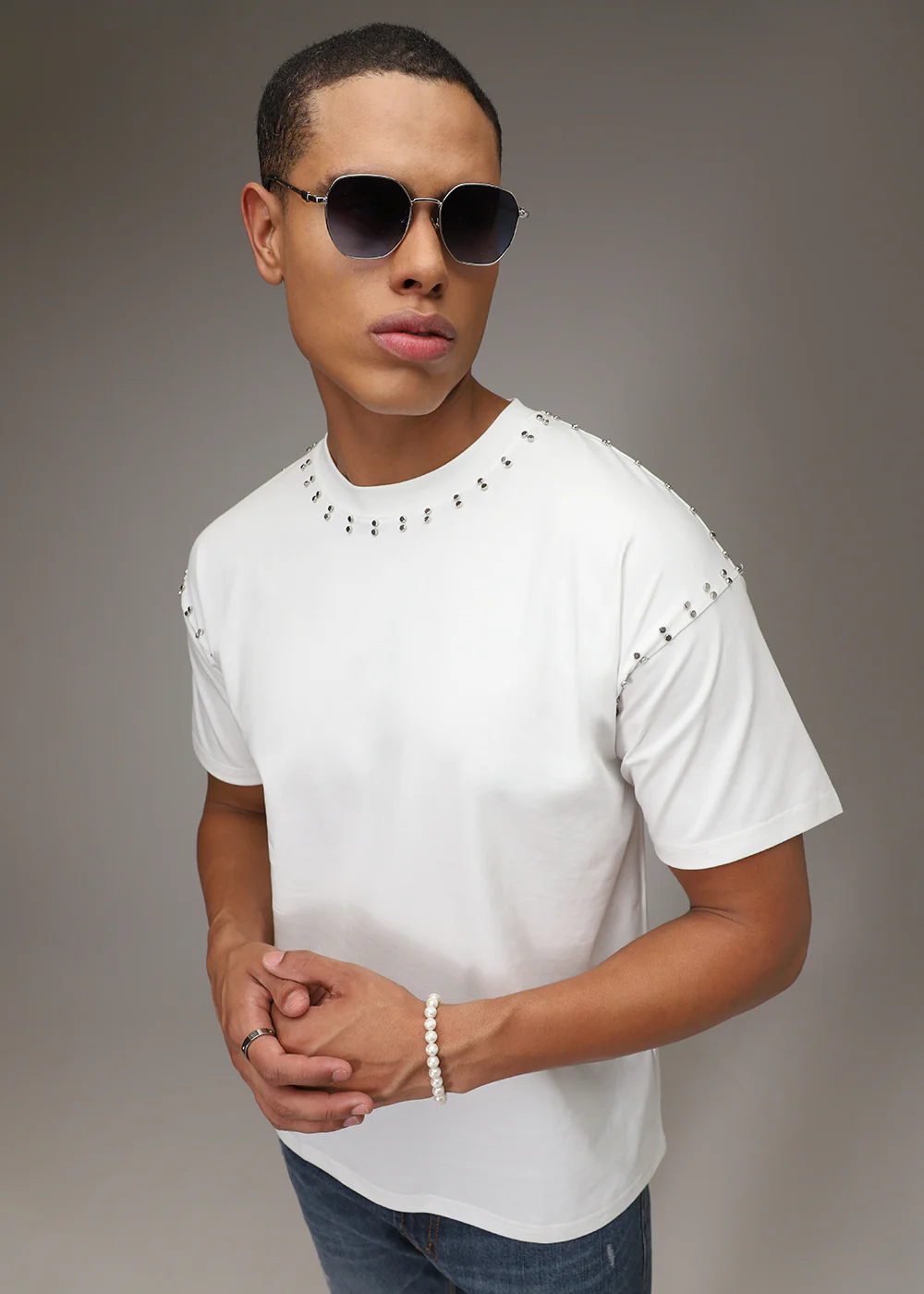 White Plain Embellishment Oversized T-shirt