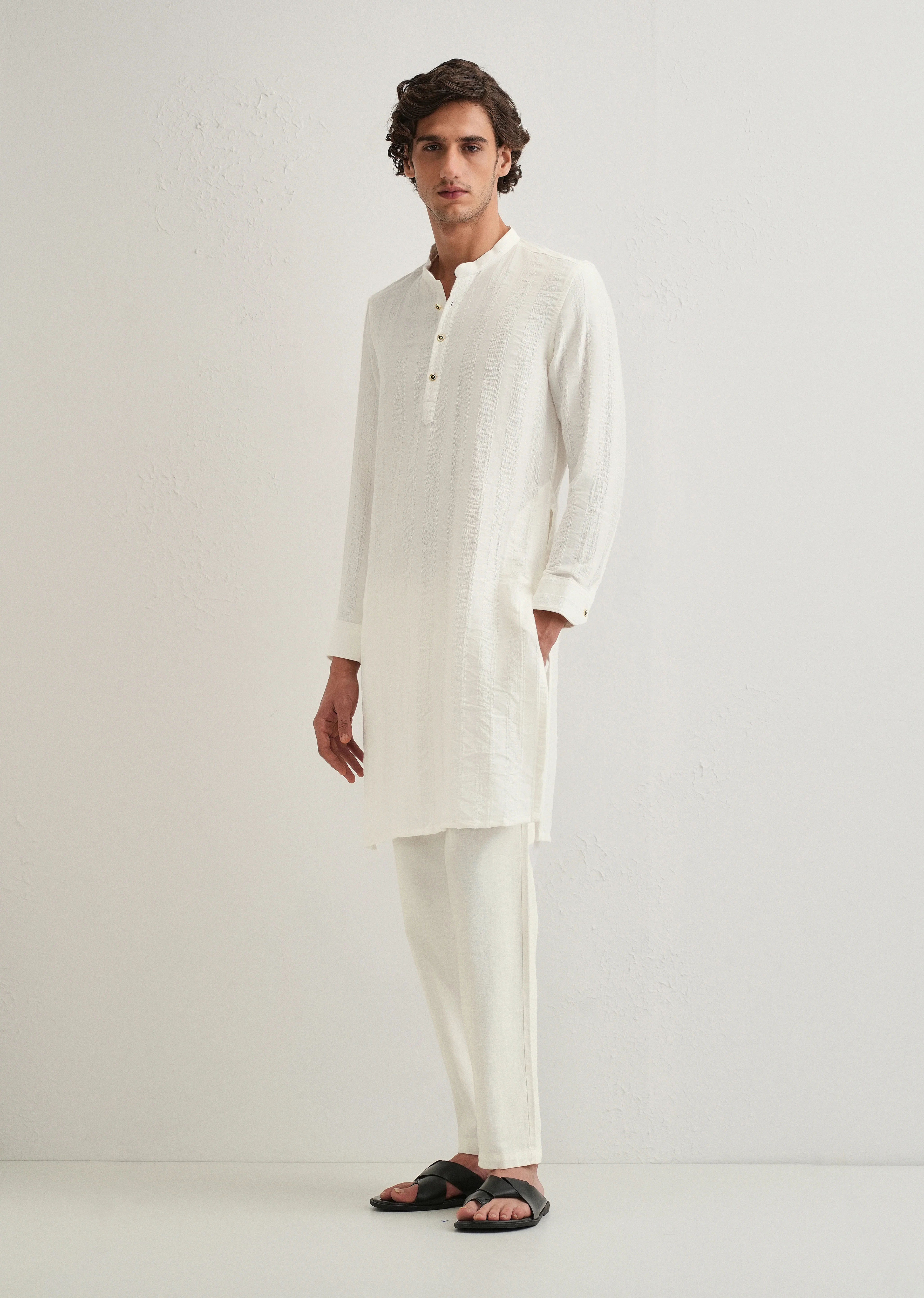 White Textured Vertical Stripe Kurta - Image 7