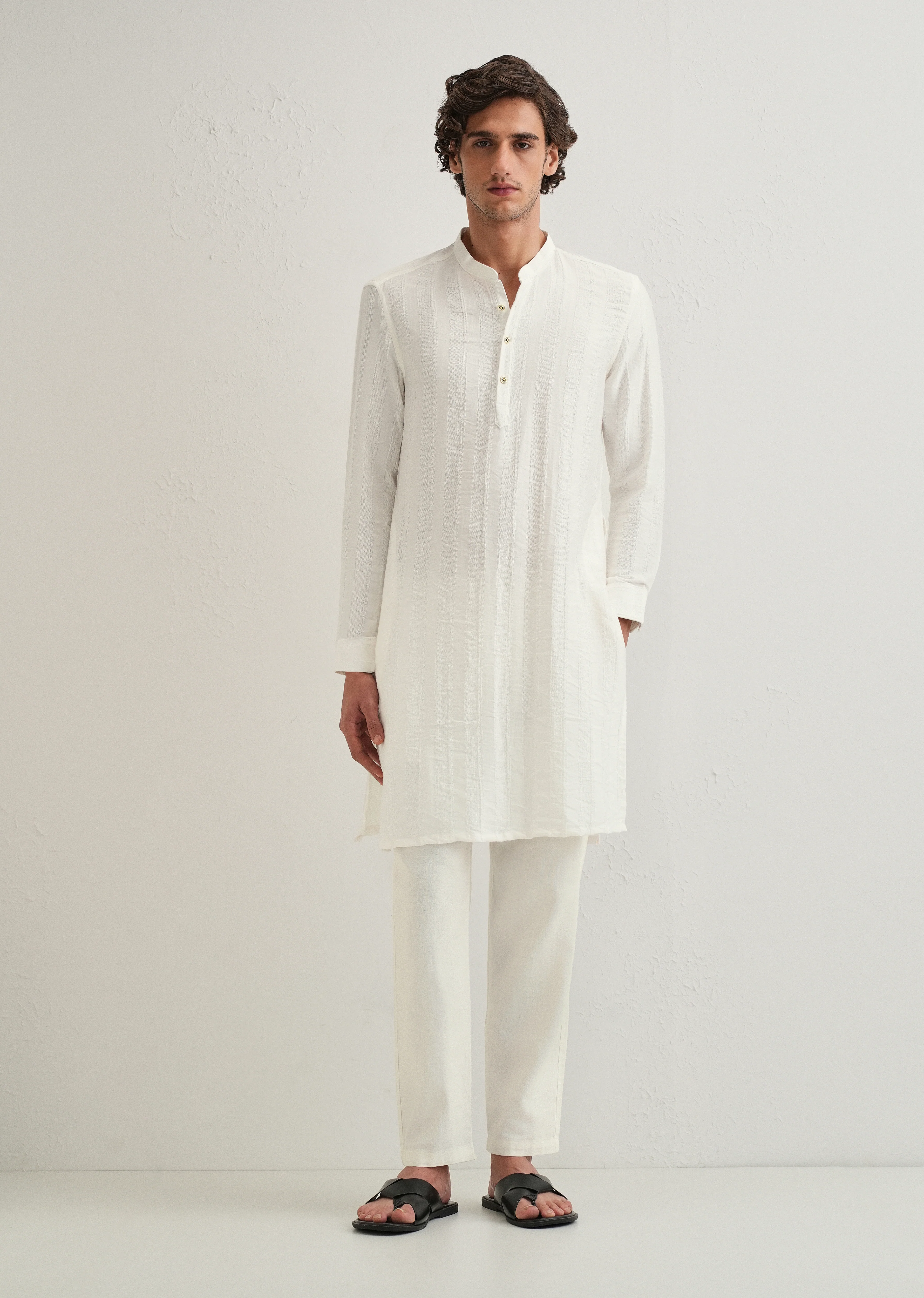 White Textured Vertical Stripe Kurta - Image 9