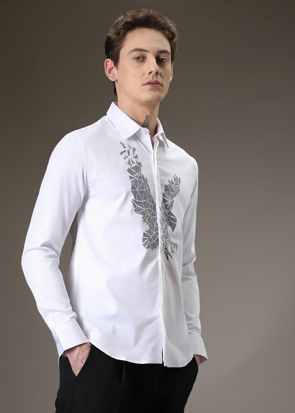 White Soar Eagle Sequin Designer Shirt