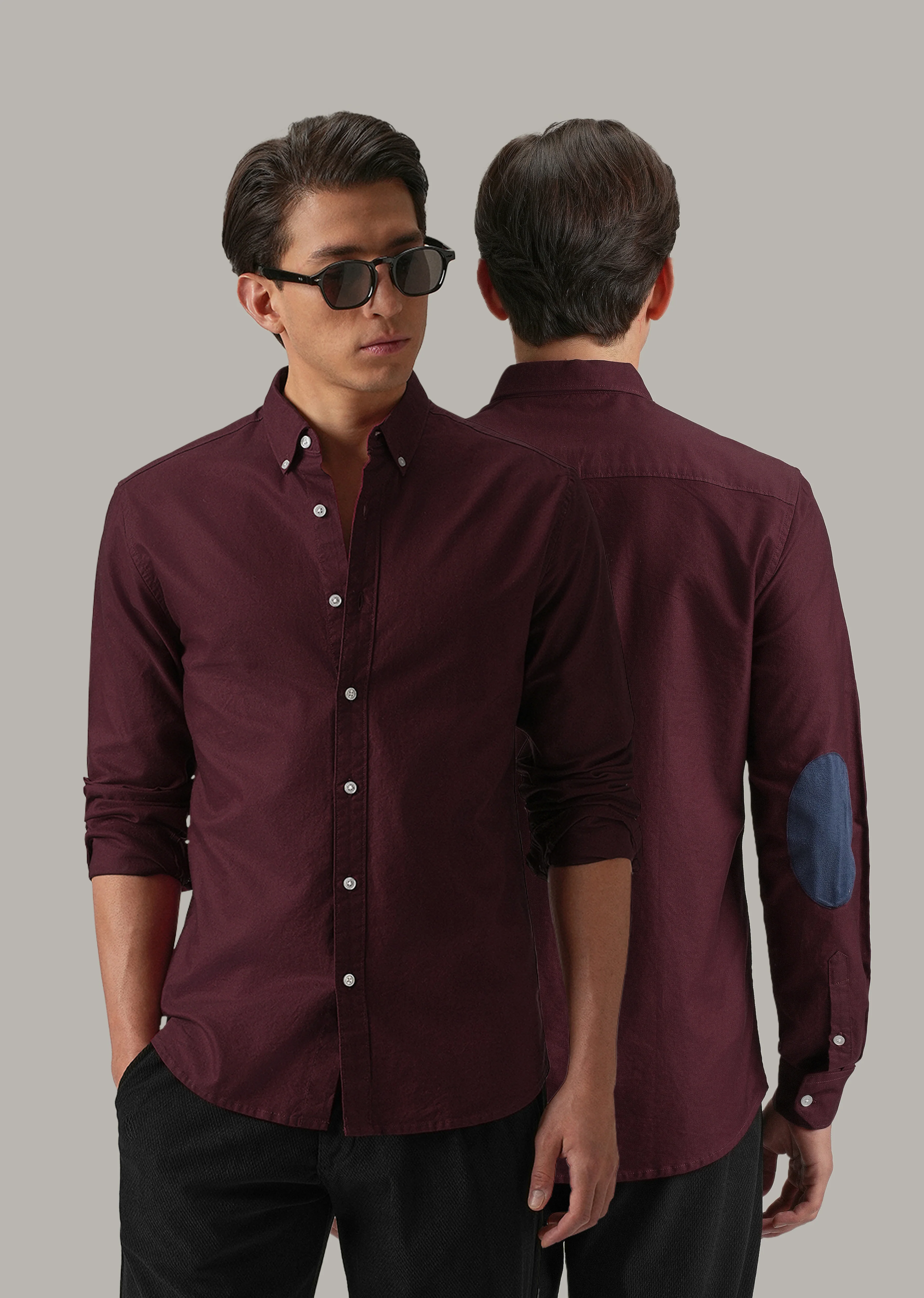 Wine Plain Elbow Patch Oxford Shirt