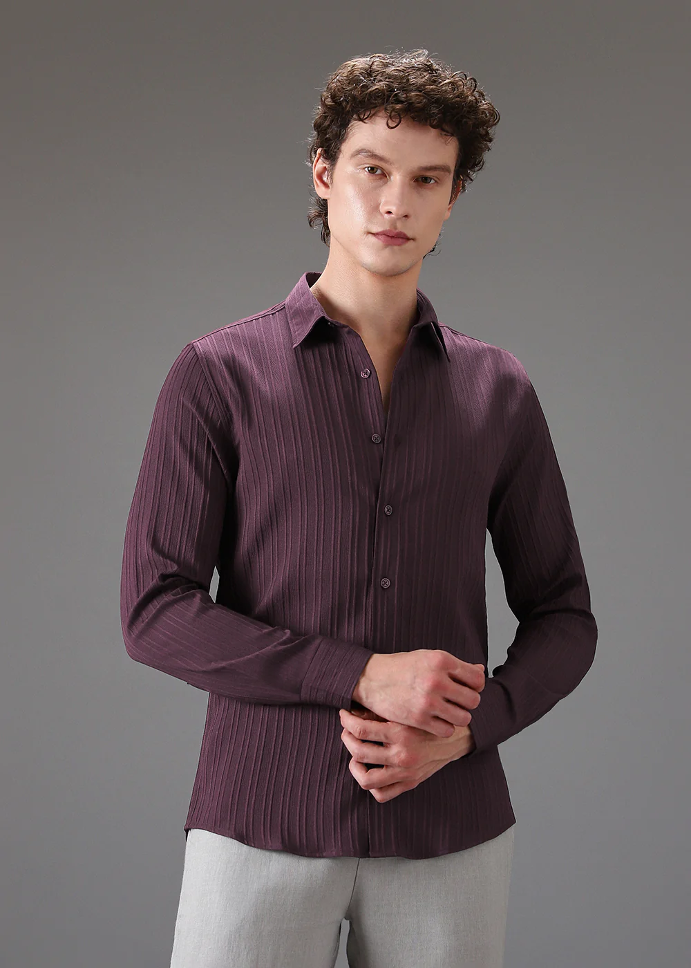 Wine Plain Self Striped Shirt - Image 3